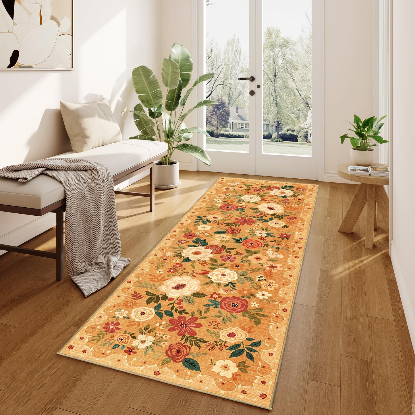 DUKINO 2x6 Runner Rug for Hallway, Washable Kitchen Runner Rug with Non Slip Backing, Low Pile Soft Boho Floral Runner for Kitchen, Hallway, Entryway, Laundry, Bedroom, Orange