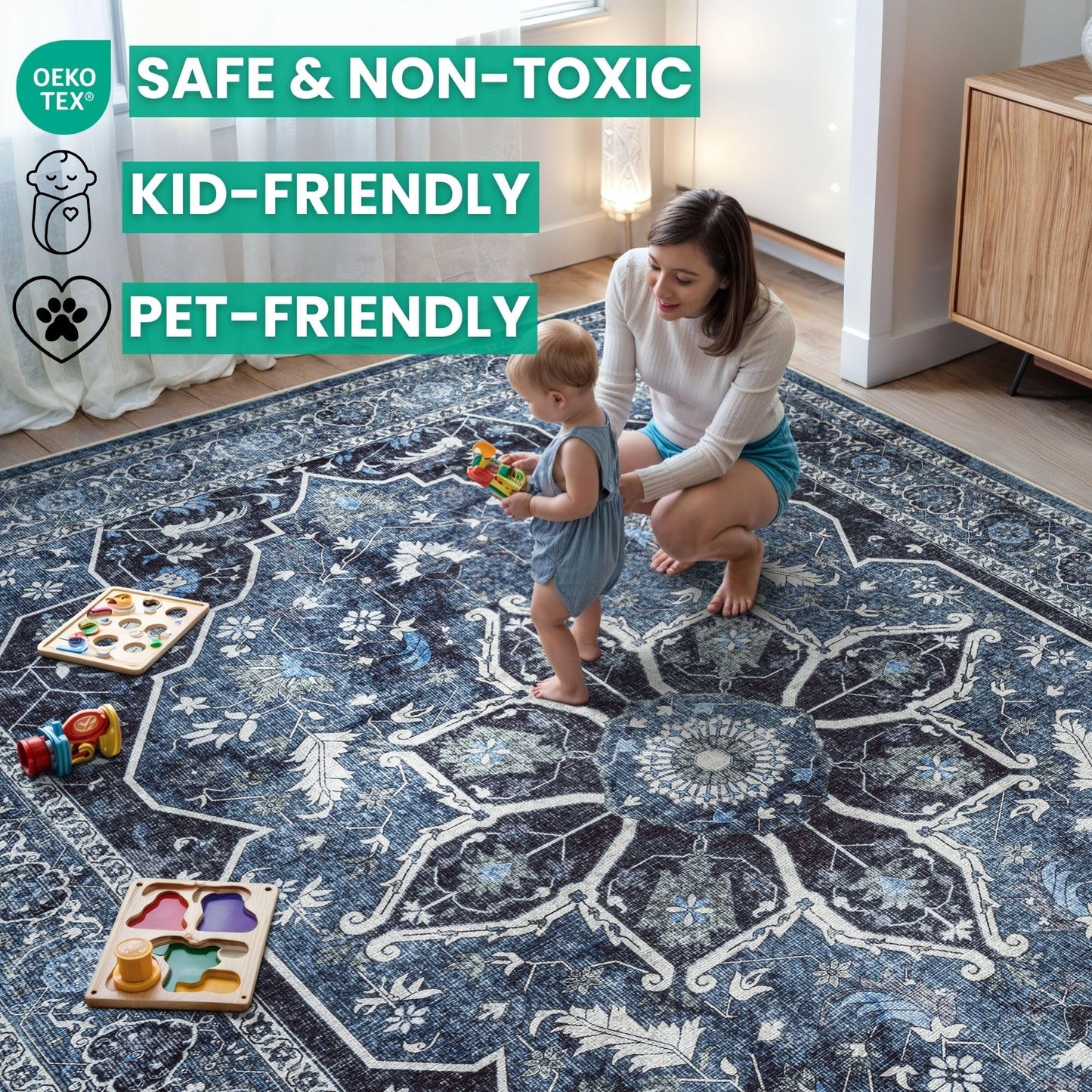 Bloom Rugs Caria Washable Non-Slip 4x6 Rug - Blue/Charcoal Traditional Area Rug for Living Room, Bedroom, Dining Room, and Kitchen - Exact Size: 4' x 6'