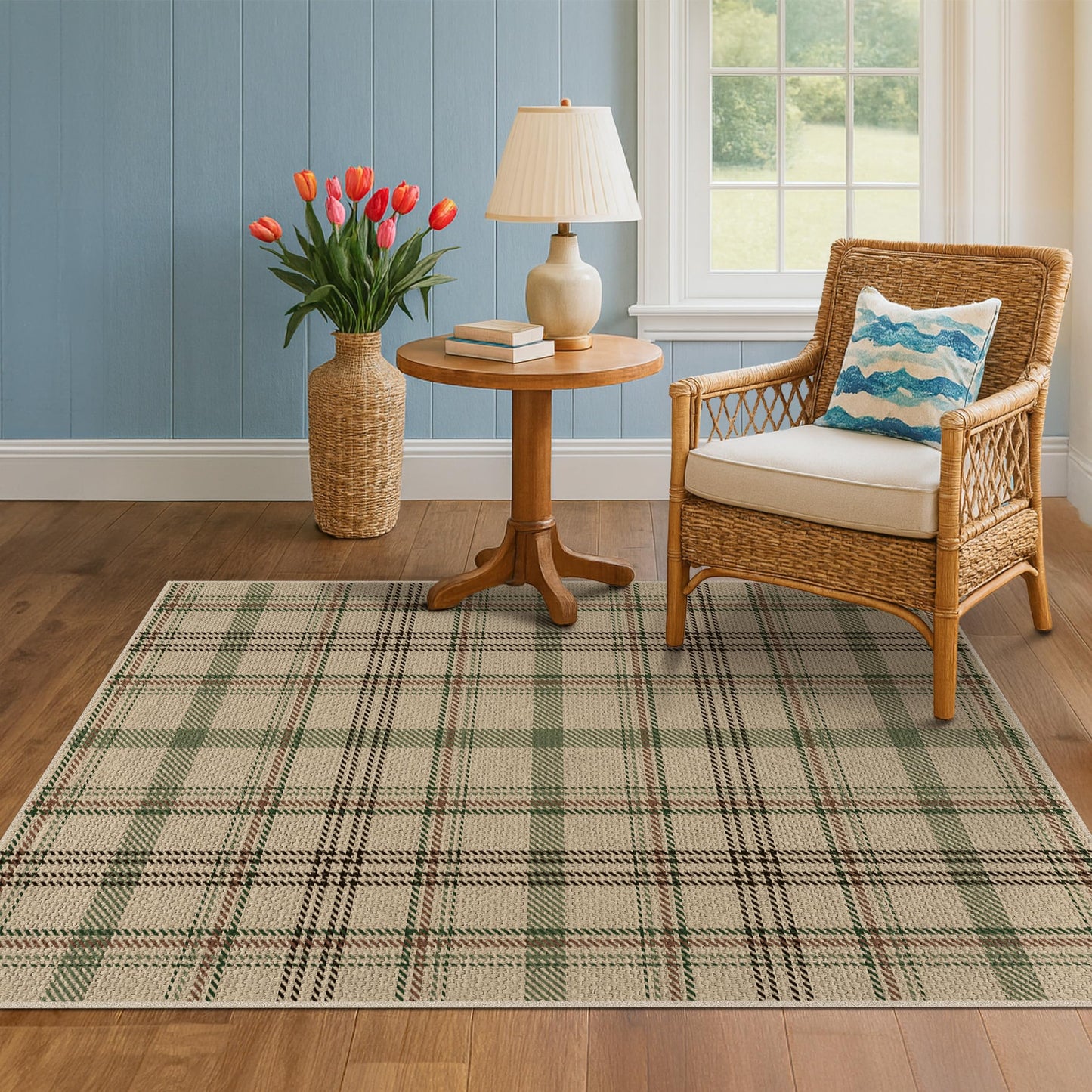 4x6 Easy Jute Large Entryway Rug - Washable Plaid Rug for Small Living Room, Non Slip Farmhouse Decor for Bedroom Bedside, Kitchen, Patio, Porch, Large Foyer Beige & Sage Striped