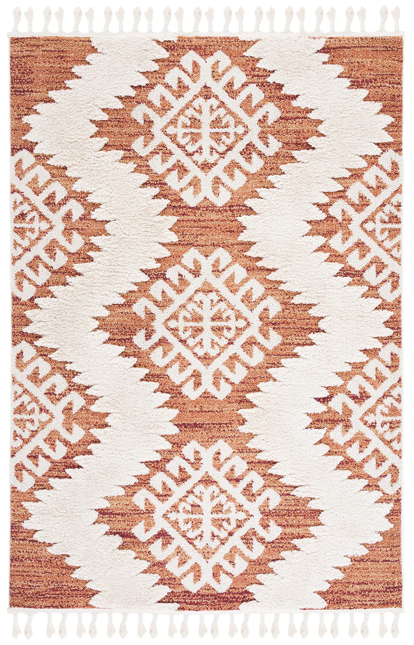 SAFAVIEH Area Rug 8x10 - Moroccan Tassel Shag Collection - Large - Orange & Ivory, Boho Design, Non-Shedding & Easy Cleaning, Plush Pile, Ideal for Living Room, Bedroom, Dining Space (MTS652P)