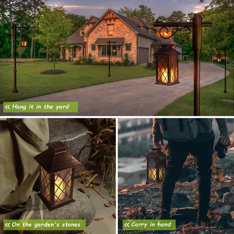 AFINETH Outdoor Solar Lanterns, Waterproof Hanging Lantern with LED Flickering Flameless Candle, 13'' Bronze Outdoor Solar Powered Lantern Decor for Porch Patio Garden Balcony Pathway, 1 Pack