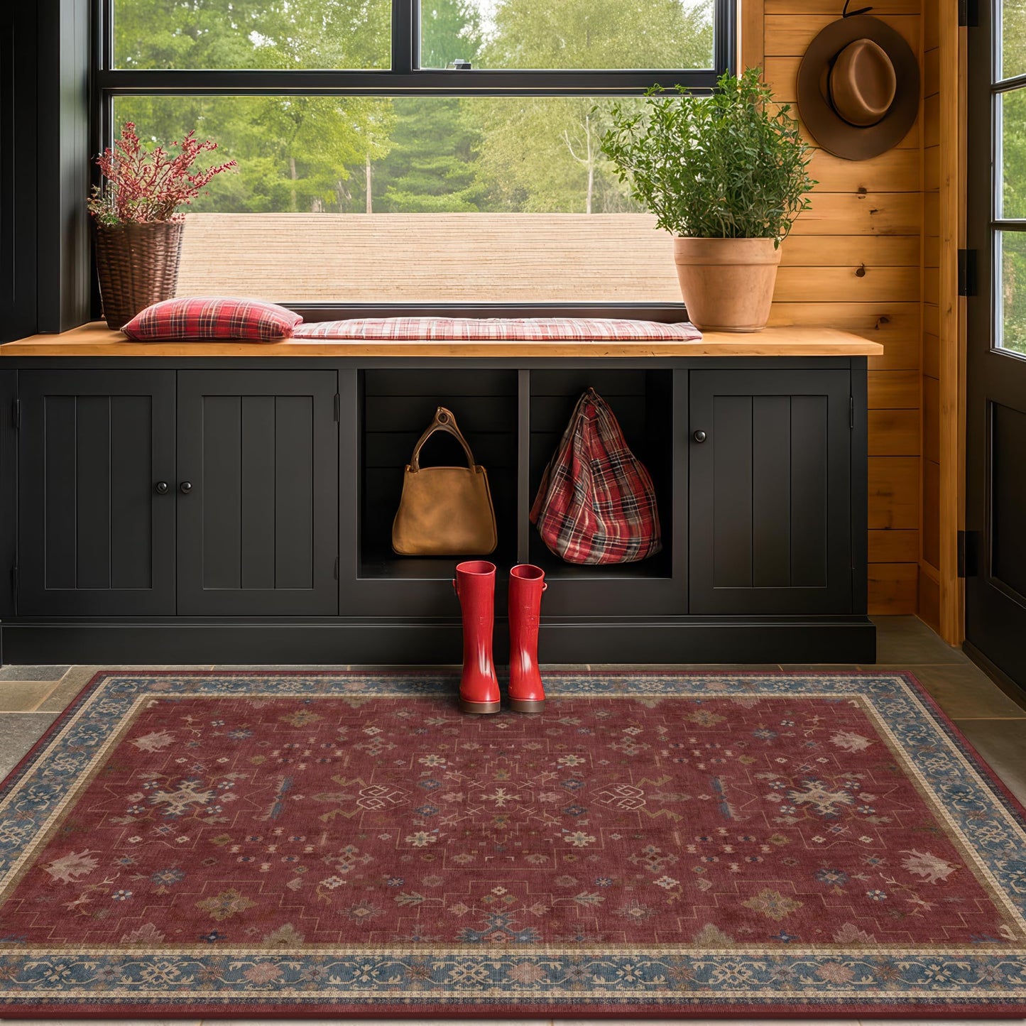 Washable 3x5 Entry Way Rugs Indoor - Burgundy Large Kitchen Rug, Non Slip Unique Bohemian Red Low Pile Thin Carpet for Bedroom Bedside, Foyer