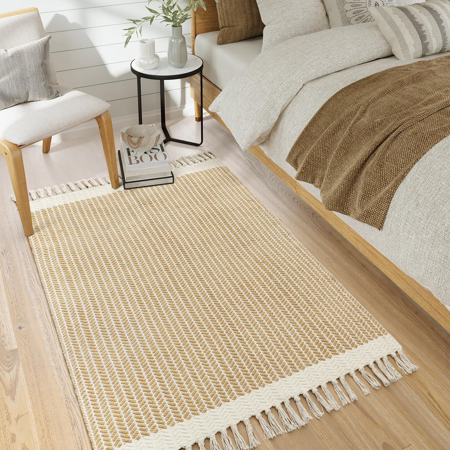 Lahome Belle Boho Rugs for Bedroom, 3x5 Bathroom Rug Lightweight Farmhouse Woven Area Rug with Tassels, Throw Rugs Washable Kitchen Rug Non Shedding Indoor Door Mats for Entryway Living Room, Khaki