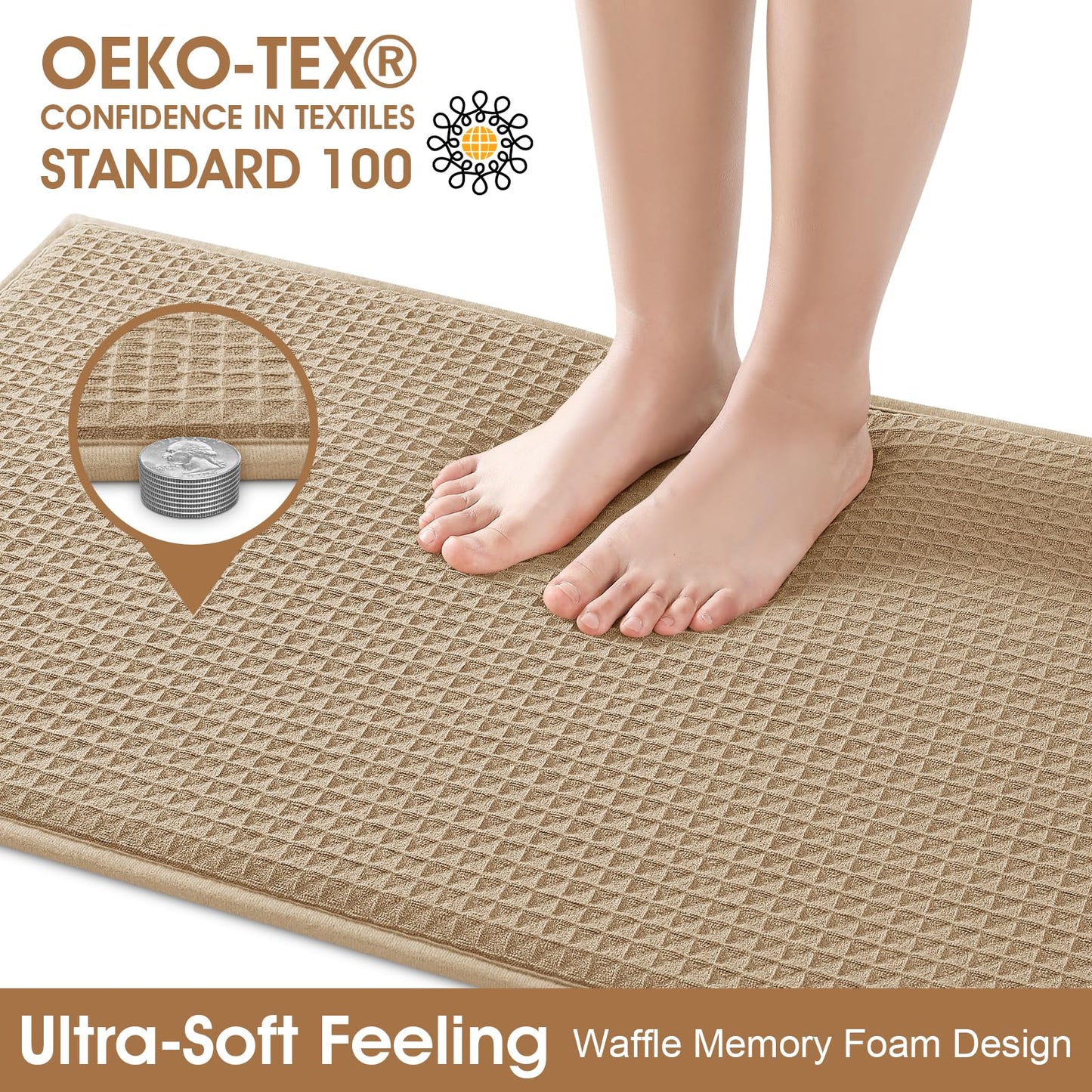 ACCUMTEK Memory Foam Bath Mat, Ultra Soft Absorbent Waffle Bathroom Rugs, Super Non-Slip PVC Backing Bath Rug Quick Dry, Machine Washable Rug for Tub, Shower, Home Decor Accessory, 32" x 20", Beige