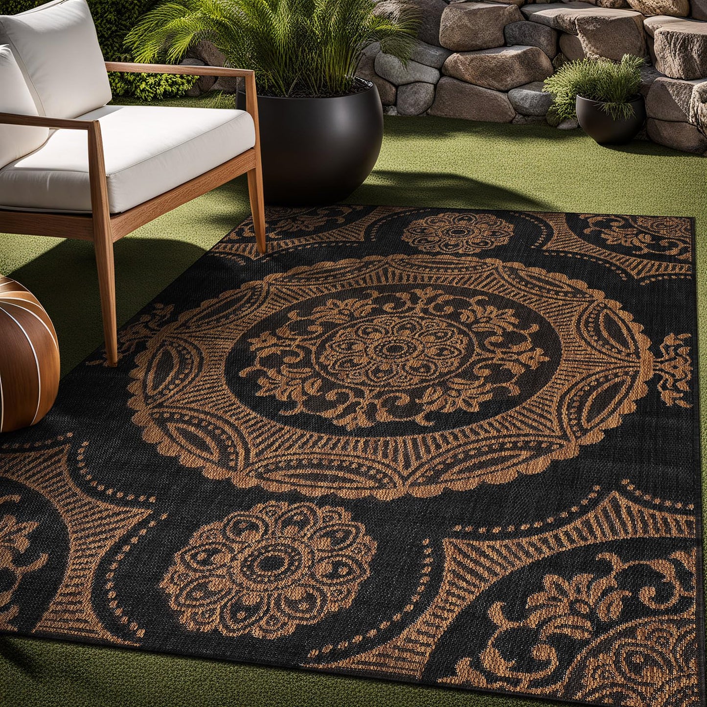 Luul Home Medallion Outdoor Rug 6x9 Washable Outside Carpet for Indoor Patio Porch Waterproof Easy Cleaning Non Shedding Area Rugs Nut Brown 6 x 9