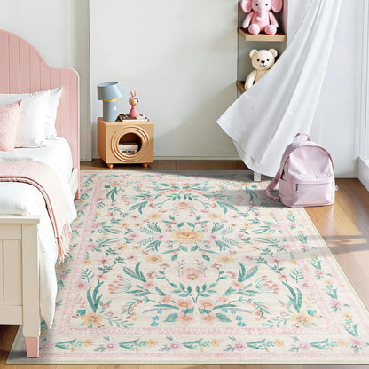 Dadasgk 5x7 Pink Floral Nursery Rug,Pink Rugs for Bedroom Girls,Machine Washable Non Slip Soft Faux Wool Carpet,Cute Boho Indoor Area Rugs for Kids Room or Playroom