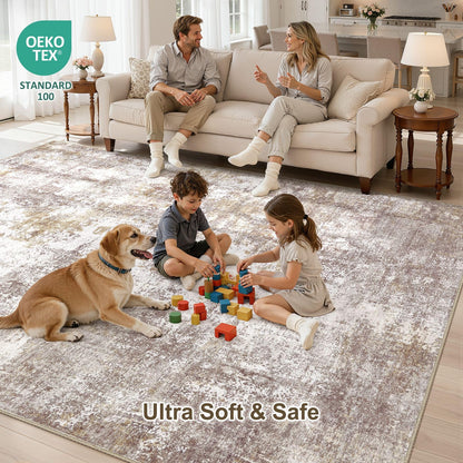 ELLIUNE 10x13 Washable Area Rugs for Living Room, Non Slip Soft Large Rugs for Bedroom Dining Room, Modern Abstract Low Pile Stain Resistant Carpet for Laundry Office Home Decor - Gold Brown