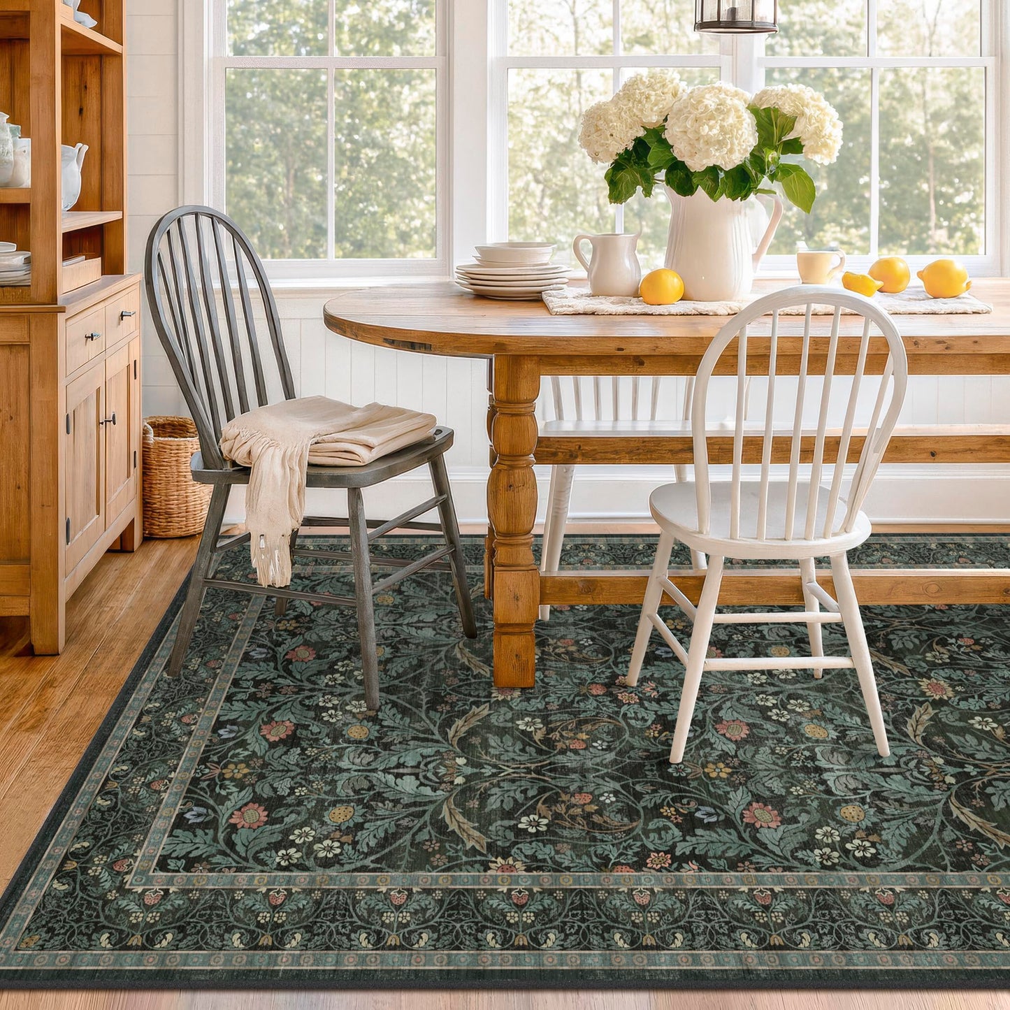 Washable Rugs for Living Room Dining Room 6x9 Stain Resistant - Non Skid Floral Area Rug, Low Pile & Soft Bedroom Under Bed Carpet, Botanical Funky Dark Green Mats