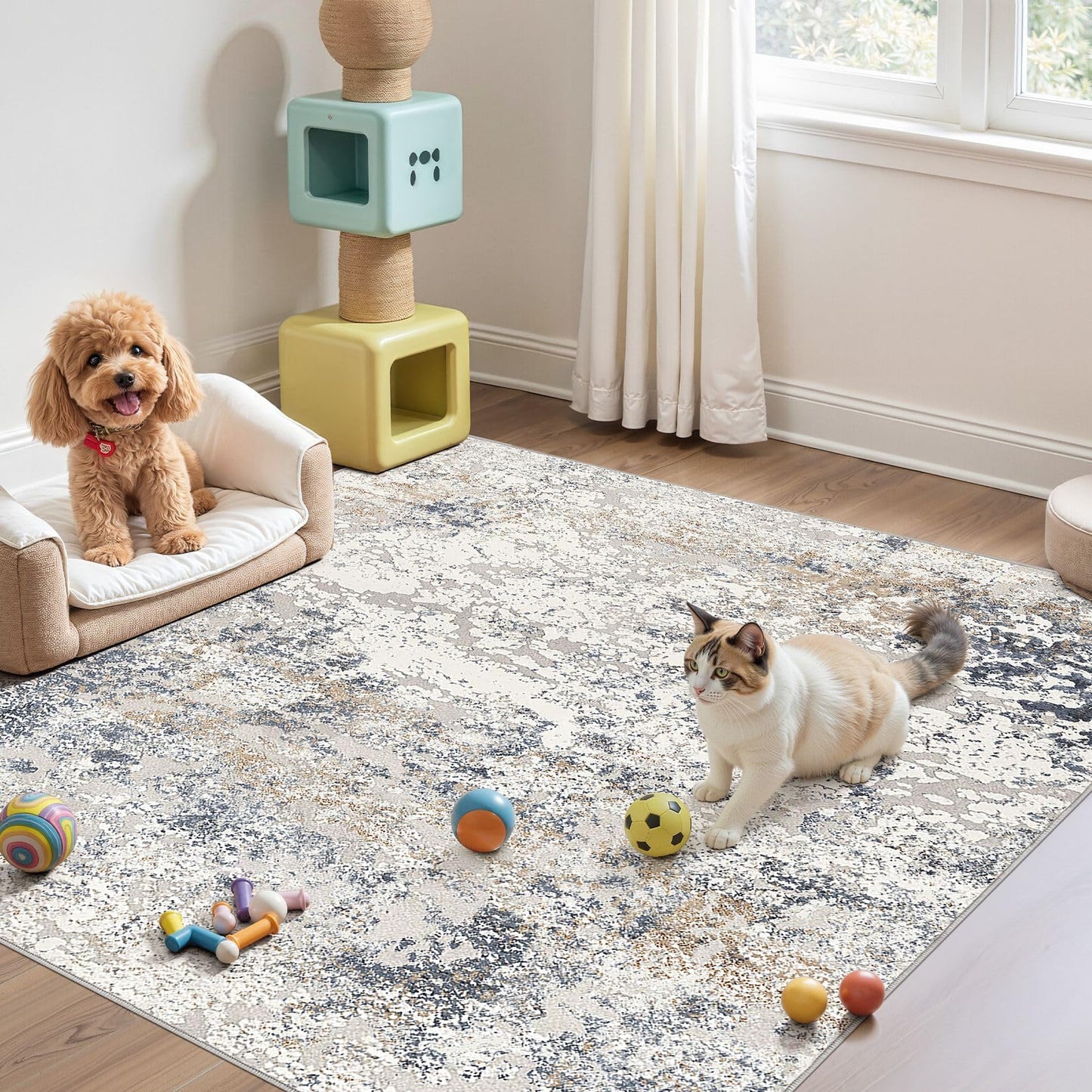 DMOYEST Square Area Rug Living Room Rugs - 6x6 Washable Large Soft Indoor Neutral Modern Abstract Low Pile Rug Carpet for Bedroom Dining Room Farmhouse Home Office - Beige Blue
