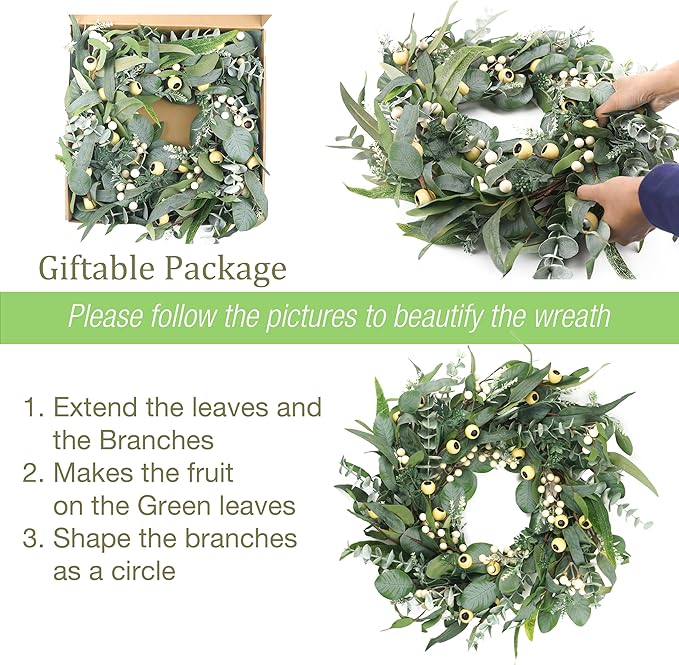 Wreaths for Front Door 22 Inch, All Season Greenery Wreath Olive Eucalyptus Leaves and White Mixed Berry for Indoor Outdoor Farmhouse Home Porch Wall Window Festival Wedding Decor