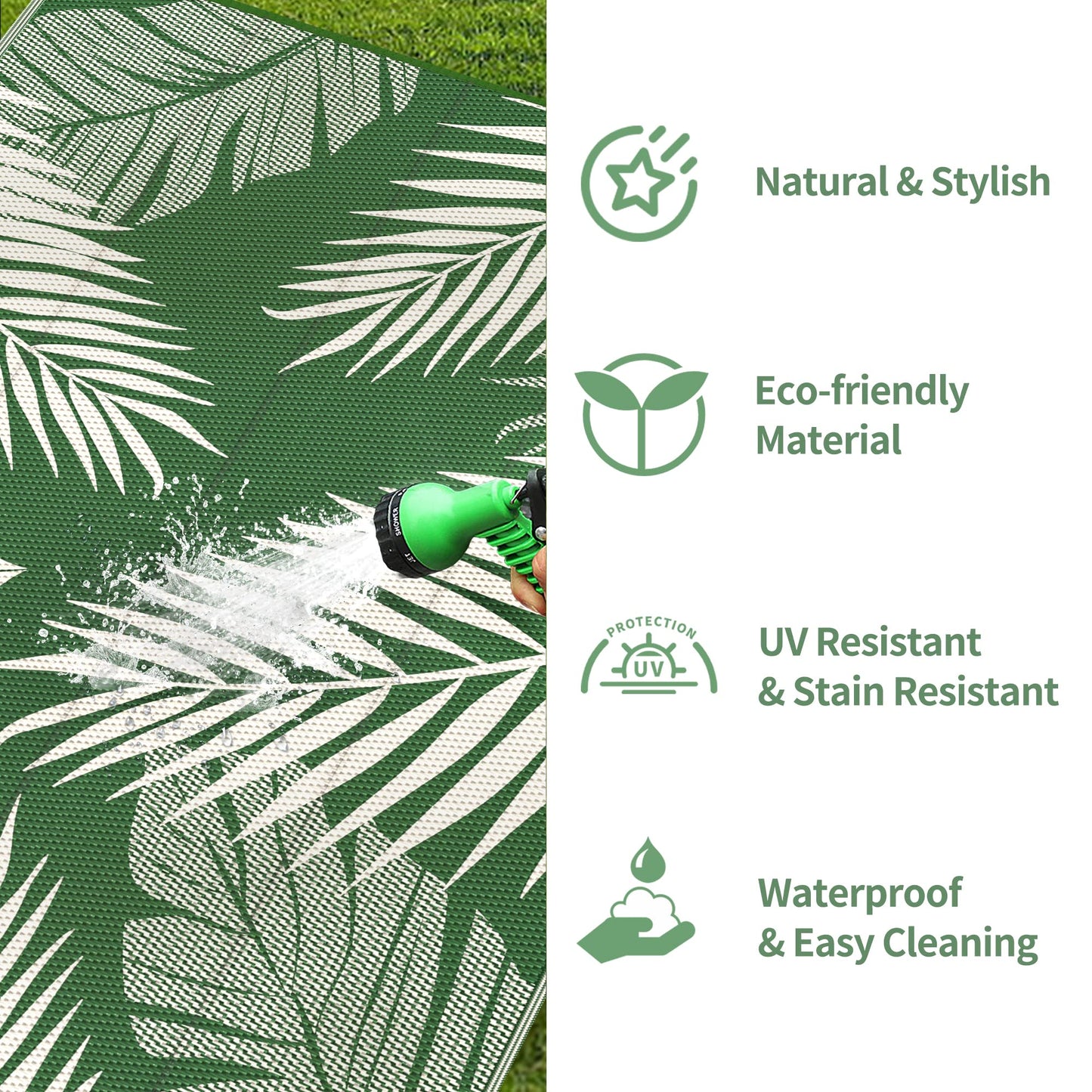 GENIMO Outdoor Rug 6' x 9' Waterproof for Patios Clearance, Reversible Outdoor Plastic Straw Camping Rug Carpet, Large Area Rugs Mats for RV, Picnic, Backyard, Deck, Balcony, Porch, Dark Green&White