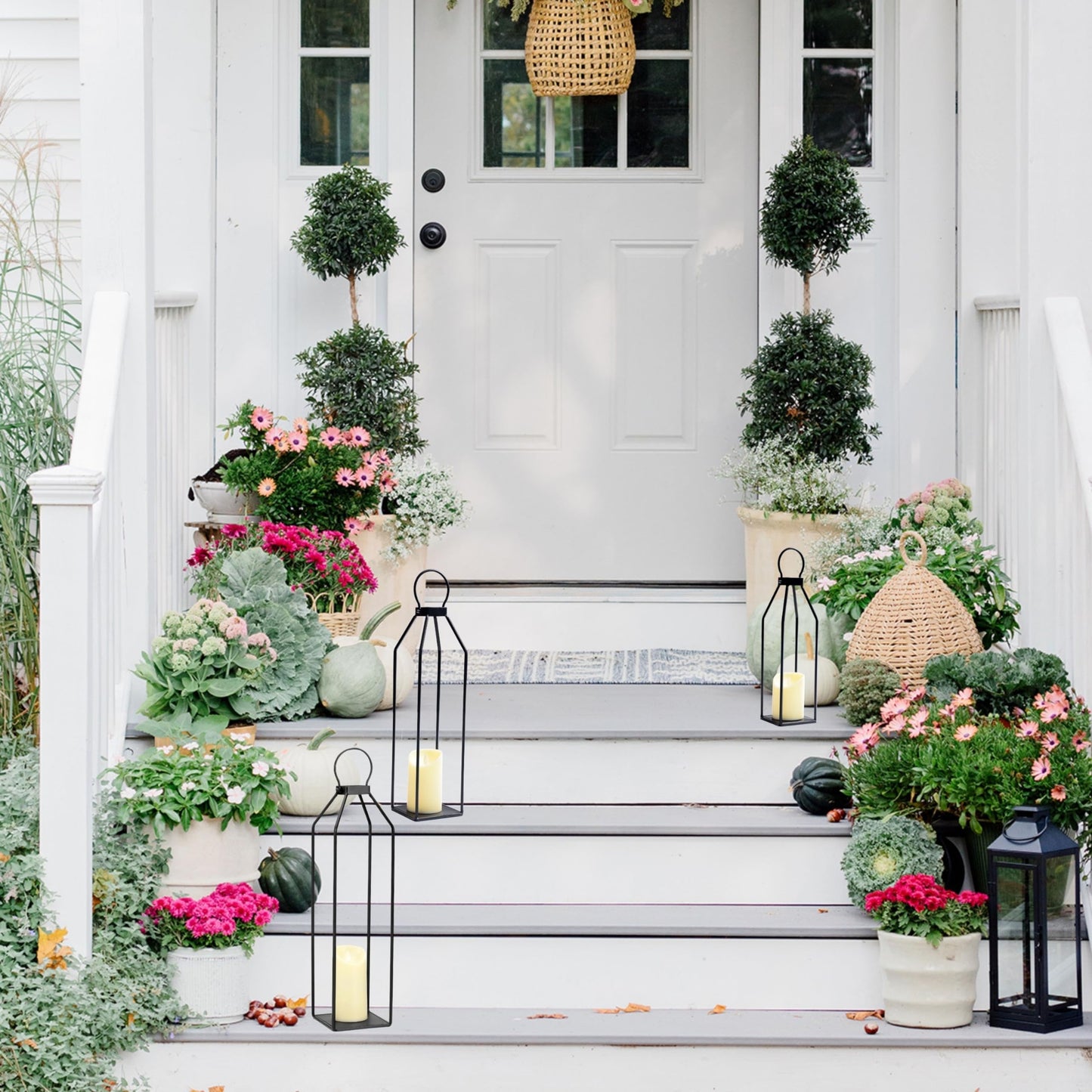 Perfnique Modern Farmhouse Lanterns, Set of 3 Black Metal Lanterns w/ 6hr Timer Flickering Flameless Candles, Decorative for Outdoor Decor, Front Porch, Indoor, Patio, Garden, Fireplace, Christmas