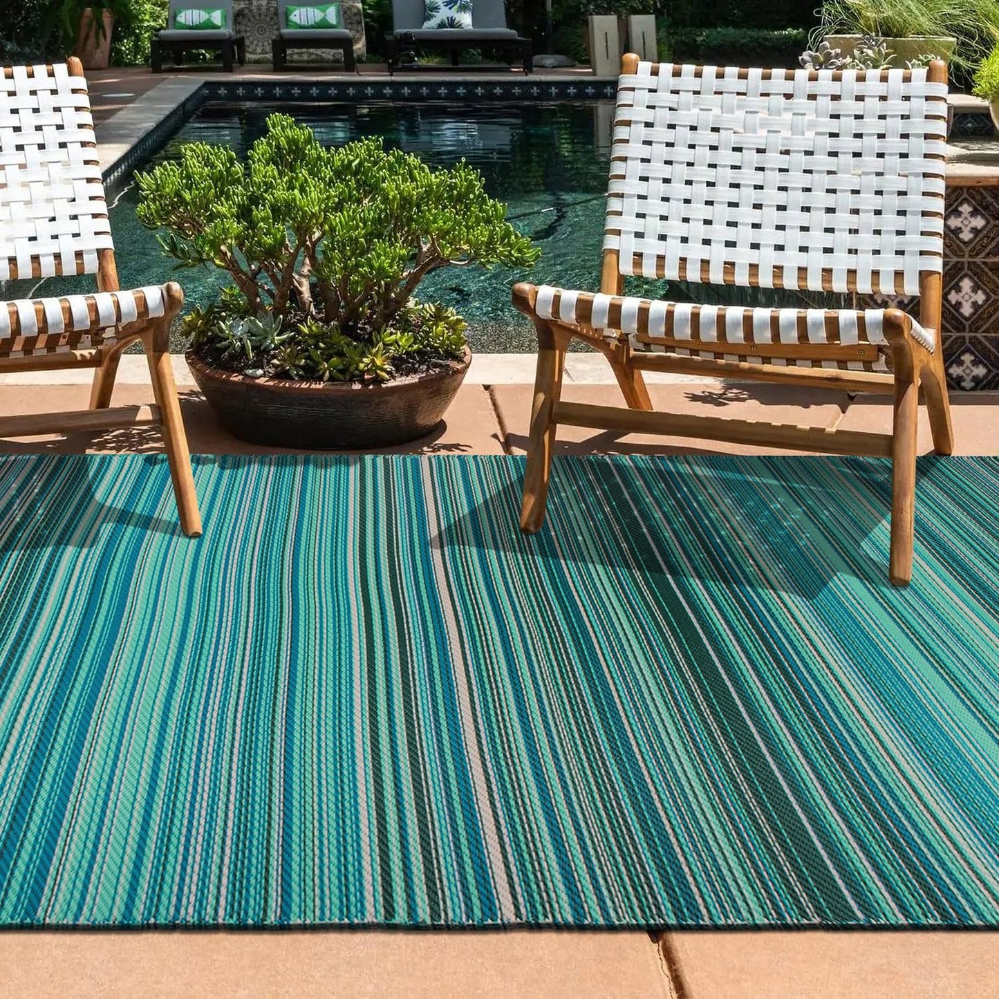 Rugshop Contemporary Stripe Reversible Crease-Free Waterproof Premium Recycled Plastic Outdoor Rugs for Patio,Backyard,RV,Deck,Picnic,Trailer,Beach,Camping Rug 4' X 6' Blue