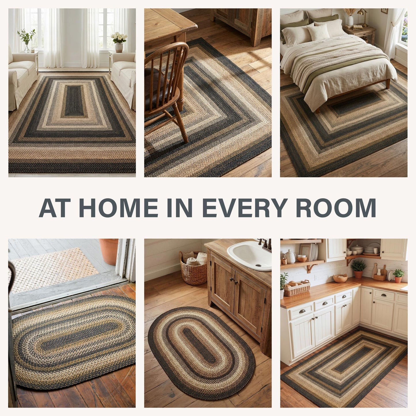 Kilimanjaro Jute Braided Rug 2x3' Black & Tan – Primitive Country Braided Rugs for Bathroom, Entryway, Kitchen & Farmhouse – Pet-Friendly, Reversible & No-Shed