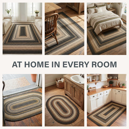 Homespice Kilimanjaro Black & Tan Oval Jute Rug 20x30 - Braided Kitchen Rugs for Primitive Farmhouse Kitchen Decor, Reversible, No Shed Jute for Easy Maintenance
