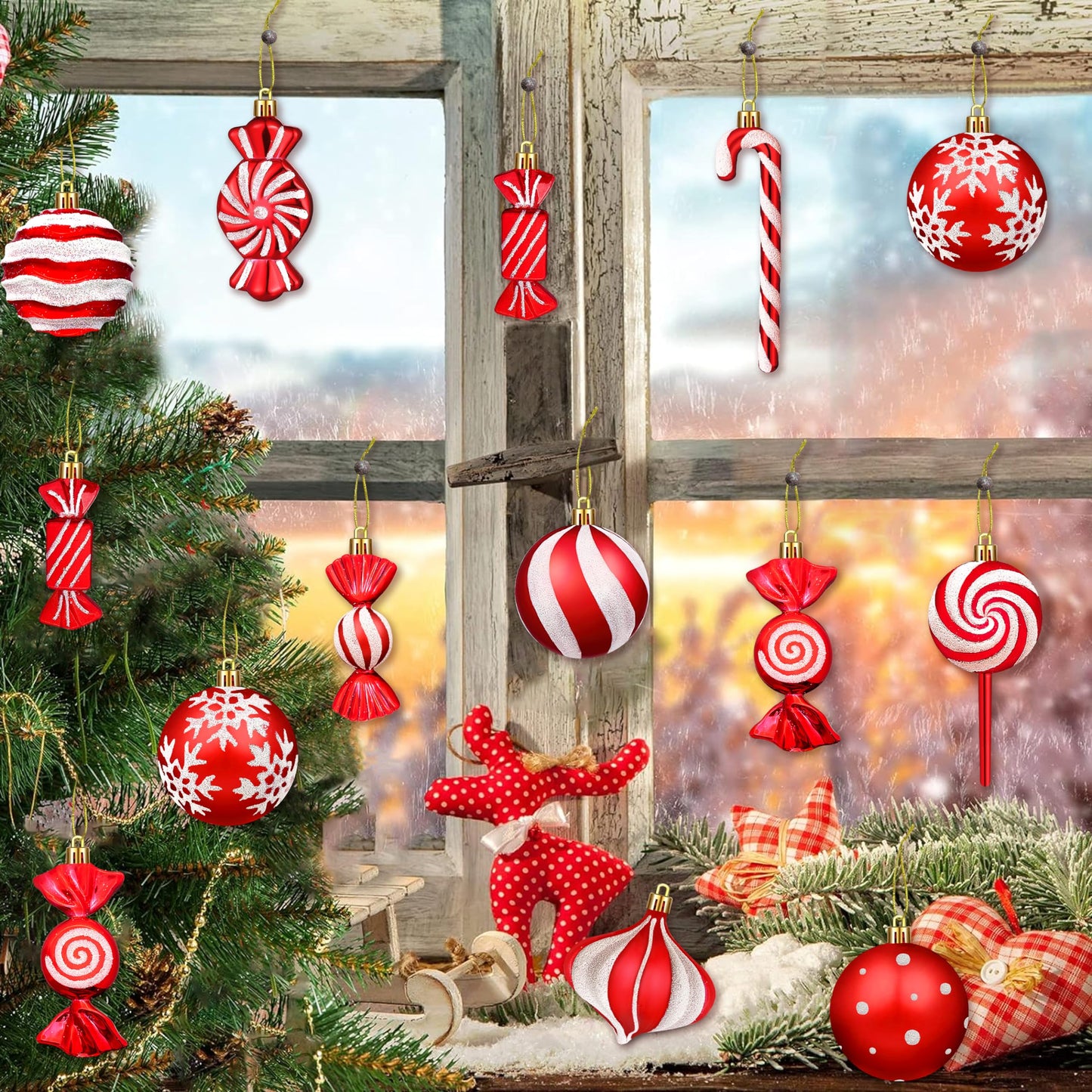 Christmas Ornaments Candy Lollipop Set -48Pcs for Xmas Tree Decoration Hanging Plastic Gloss Candy Canes Ball Pendants for New Year Home Decor Party Supplies (Red)