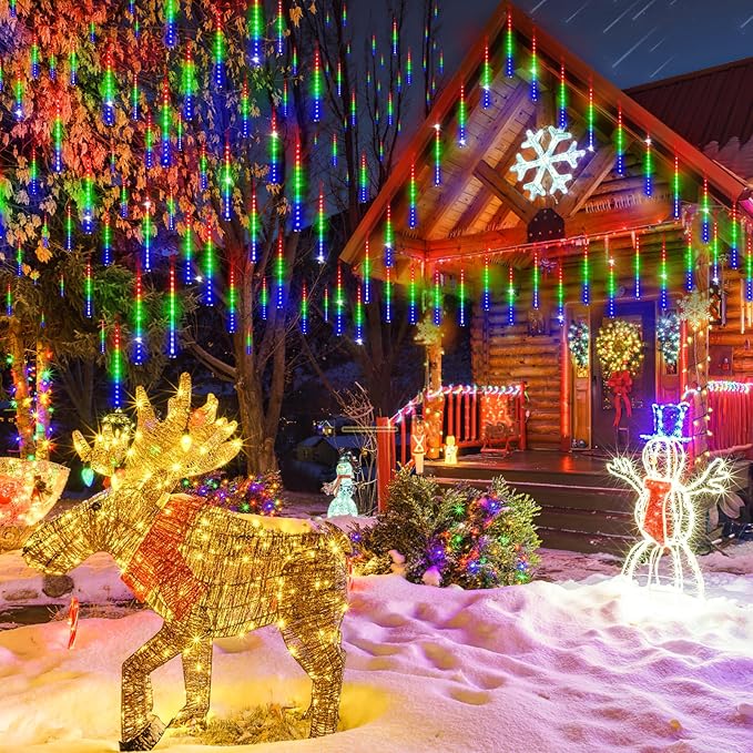 KNONEW Christmas Lights Outdoor, 15 inch 24 Tubes 672 LED Meteor Shower Lights Plug in Waterproof Falling Rain Light for Xmas Tree Wedding Party Garden Holiday Rooftop Decorations (Multicolor)