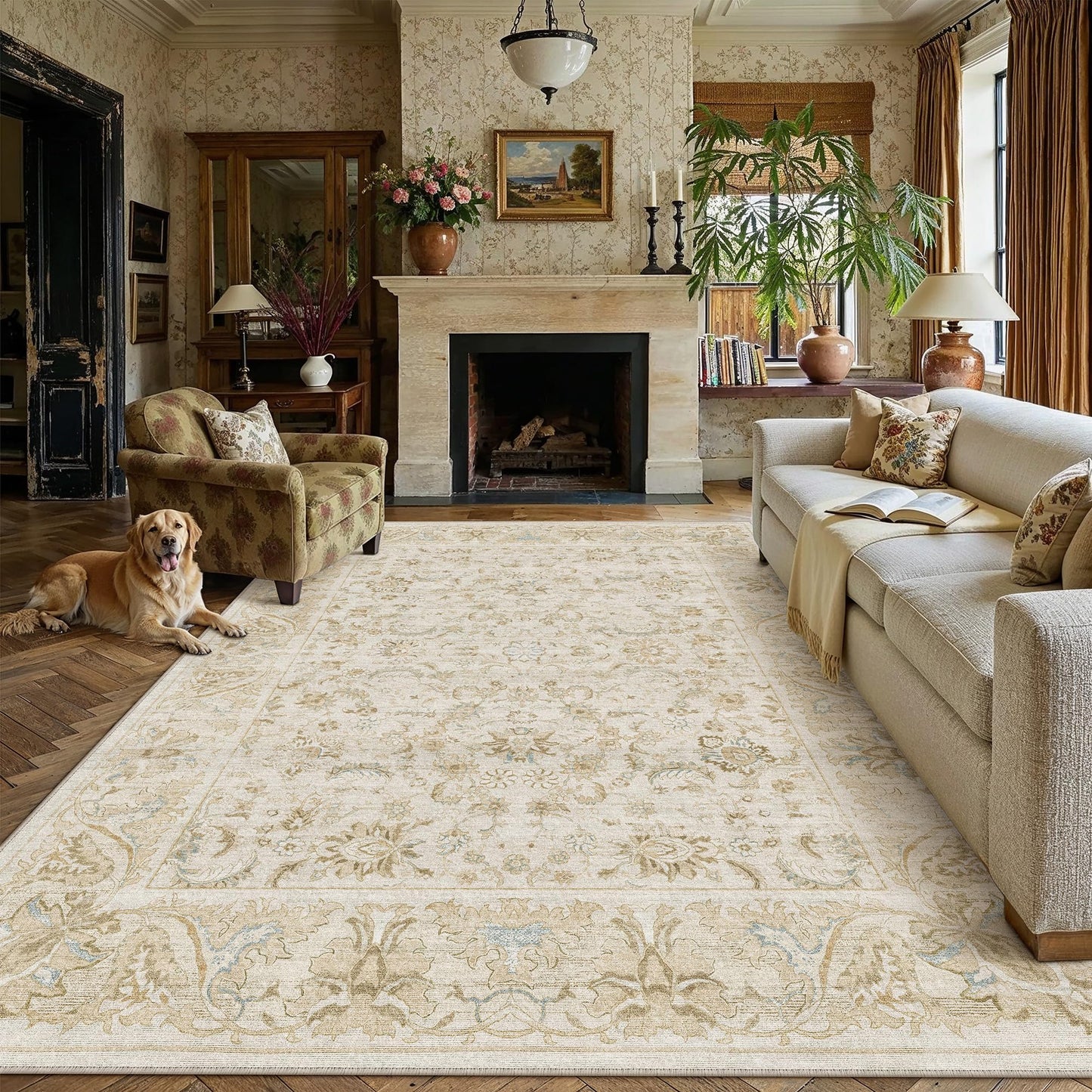 WondRg 8x10 Washable Area Rug for Living Room Bedroom Beige Low Pile Non Slip Rug Neutral Distressed Carpet Dining Room Classroom Playroom Home Decor