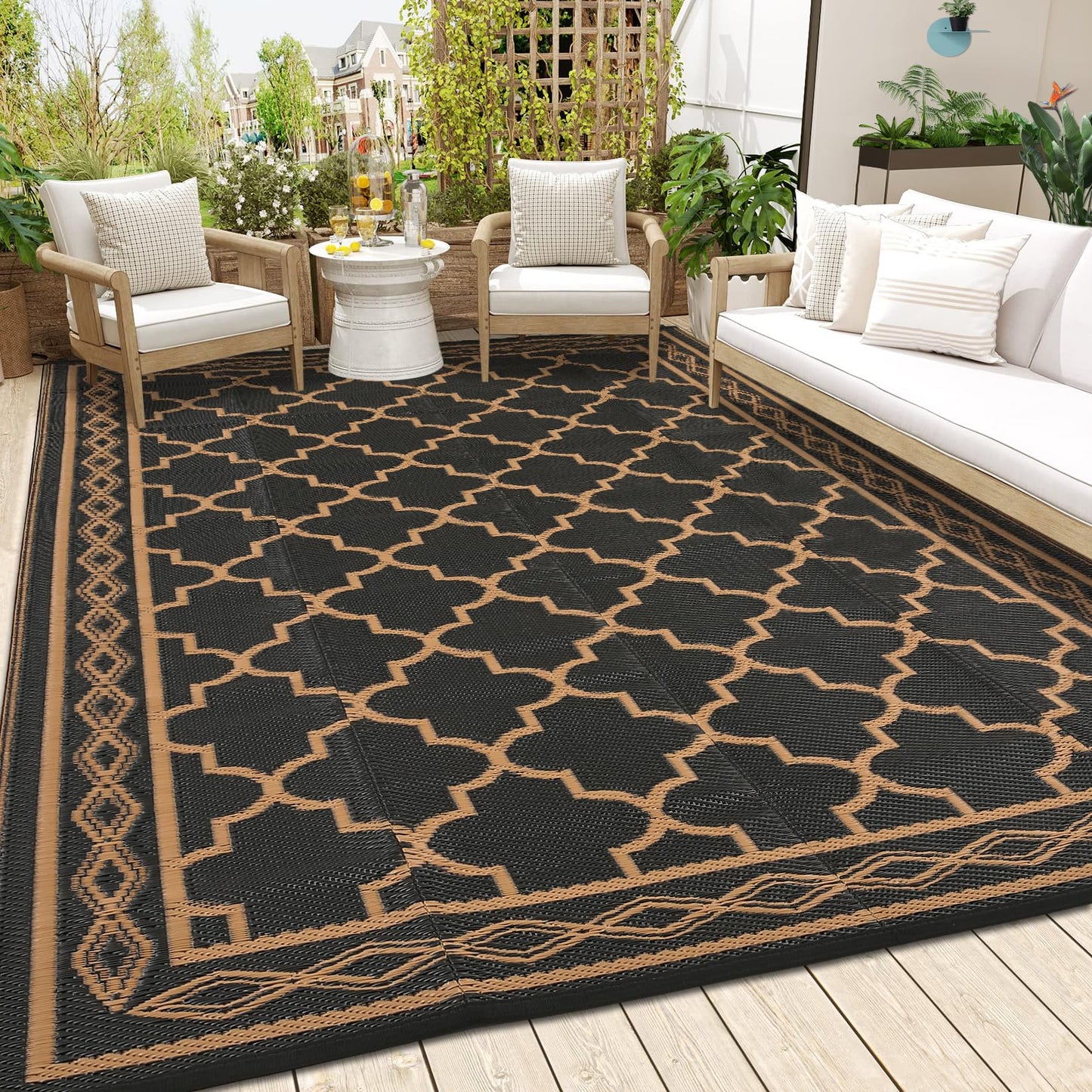 GlowSol Outdoor Rug Waterproof 8x10 ft Reversible Outdoor Plastic Straw Patio Rugs,Foldable Camping Rug with Carry Bag, RV Mat Outside Rugs for Patio,Picnic,Balcony,Deck,Backyard,Pool, Black/Brown