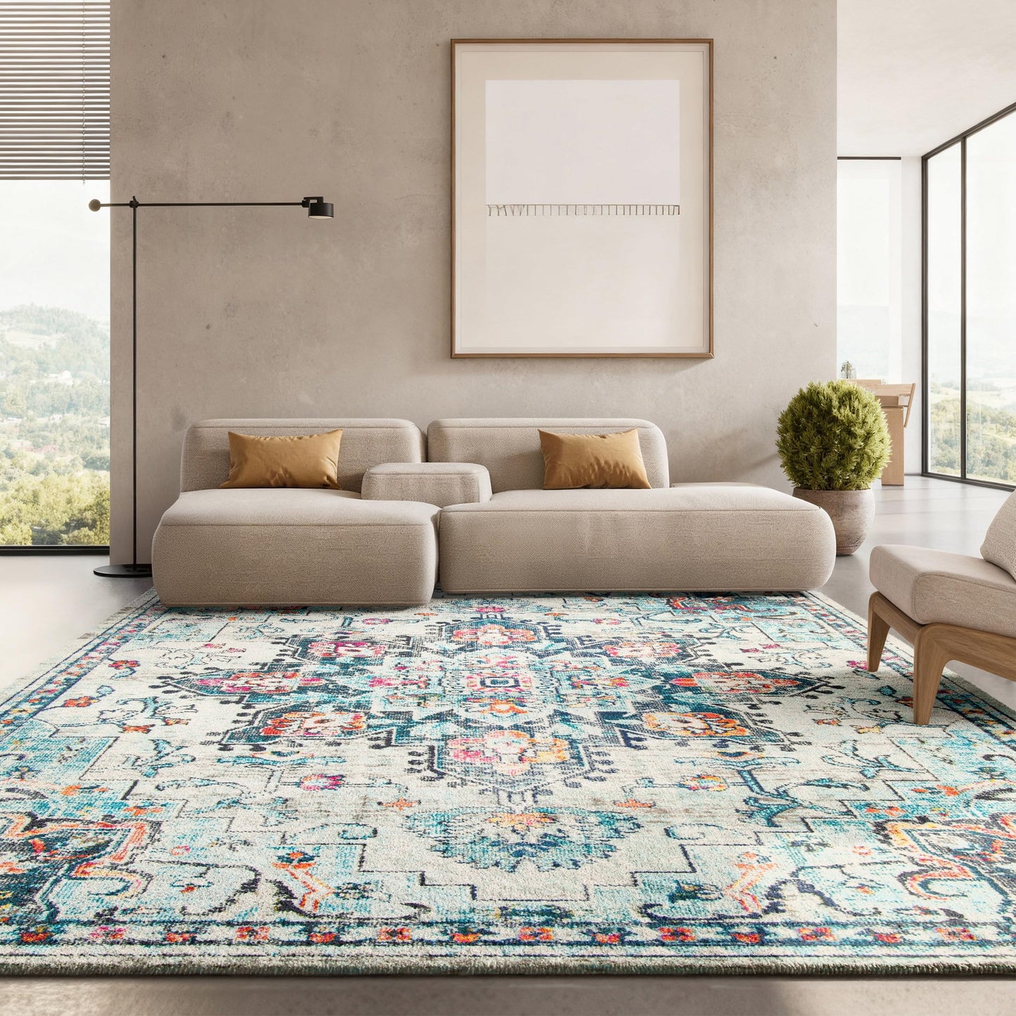 SAFAVIEH Area Rug 8x10 - Madison Collection - Large - Cream & Blue, Boho Chic Distressed Medallion Design, Non-Shedding & Easy to Clean, Ideal for Living Room, Bedroom, Dining Space (MAD473B)