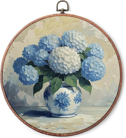 Threegoat Chinoiserie Spring Floral Framed Round Wall Art,Blue and White Hydrangea Flowers Wall Art Decor for Bedroom,Vintage Wall Hanging Decor for Grand Millenial Grandmillennial Home - A08