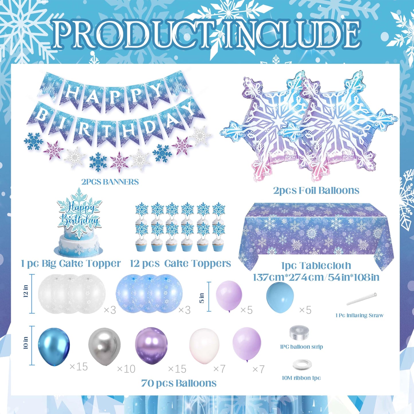 Frozen Birthday Decorations for Girls,Happy Birthday Banners,Blue Purple Balloon Arch Garland Kit,Party Decor Supplies,Foil Snowflake Balloons,Tablecloth