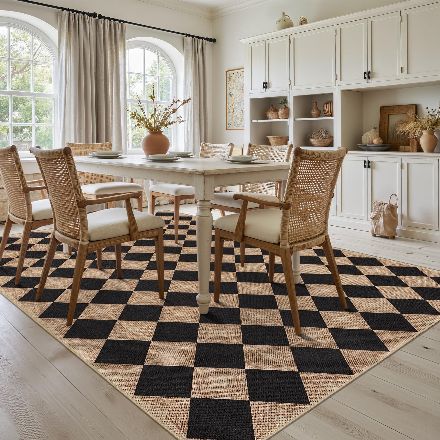 Dadasgk 5x7 Checkered Easy Jute Rug – Washable Non-Slip Indoor Outdoor Carpet, Black Textured Diamond Pattern, Neutral Area Rug for Living Room, Bedroom, Dining Room, Patio, Farmhouse Style