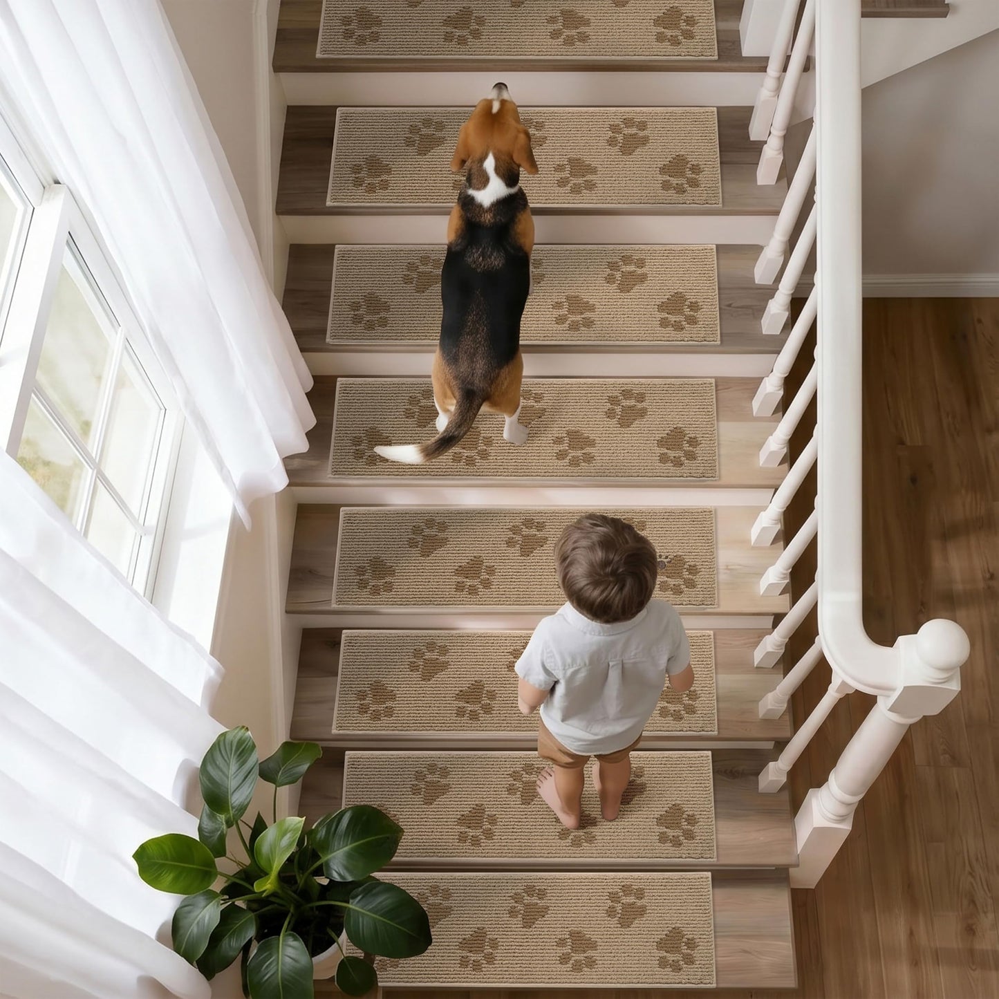 DEXDE Stair Treads for Wooden Steps Non-Slip 15pcs, 30"x8" Washable Stair Runners with Cat Paw Pattern, Non-Skid Safety Carpet Mats for Dogs and Kids, Reusable Indoor Stair Rugs for Home, Beige