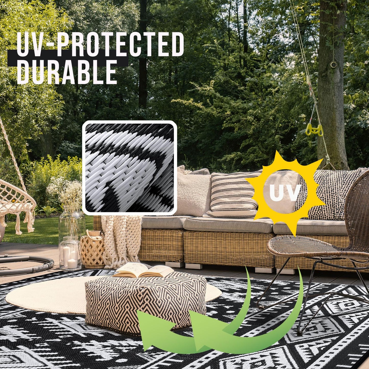 OLANLY Outdoor Rug Waterproof 8x10 ft, Reversible Outdoor Plastic Straw Rug, Boho Patio Rug, Indoor Outdoor Carpet, RV Mat Outside for Patio, Camp, Picnic, Balcony, Deck, Backyard, Black & White
