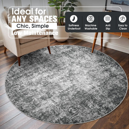Round Rug 6ft Circle Rug Washable: Carpet Small Circular Area Rug for Entryway Kitchen Bedroom Dining Room Living Room 6 Feet Abstract College Dorm Non Slip Low Pile Black Grey