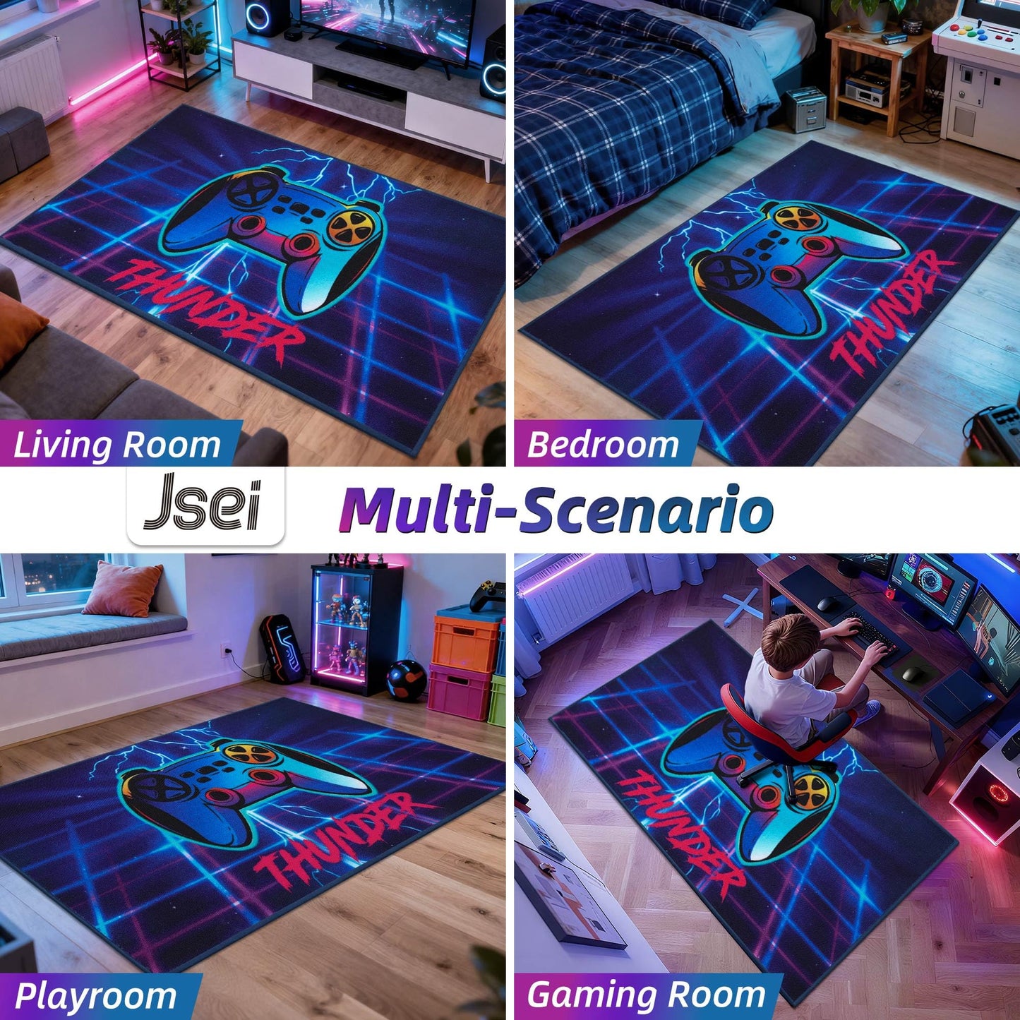 JSEI Gaming Rug for Kids Teens 32"x60", Video Game Kids Rug with Gamepad Controller Pattern, Non-Slip & Machine Washable Gaming Floor Carpet Mat for Playroom,Living Room&Bedroom, Blue
