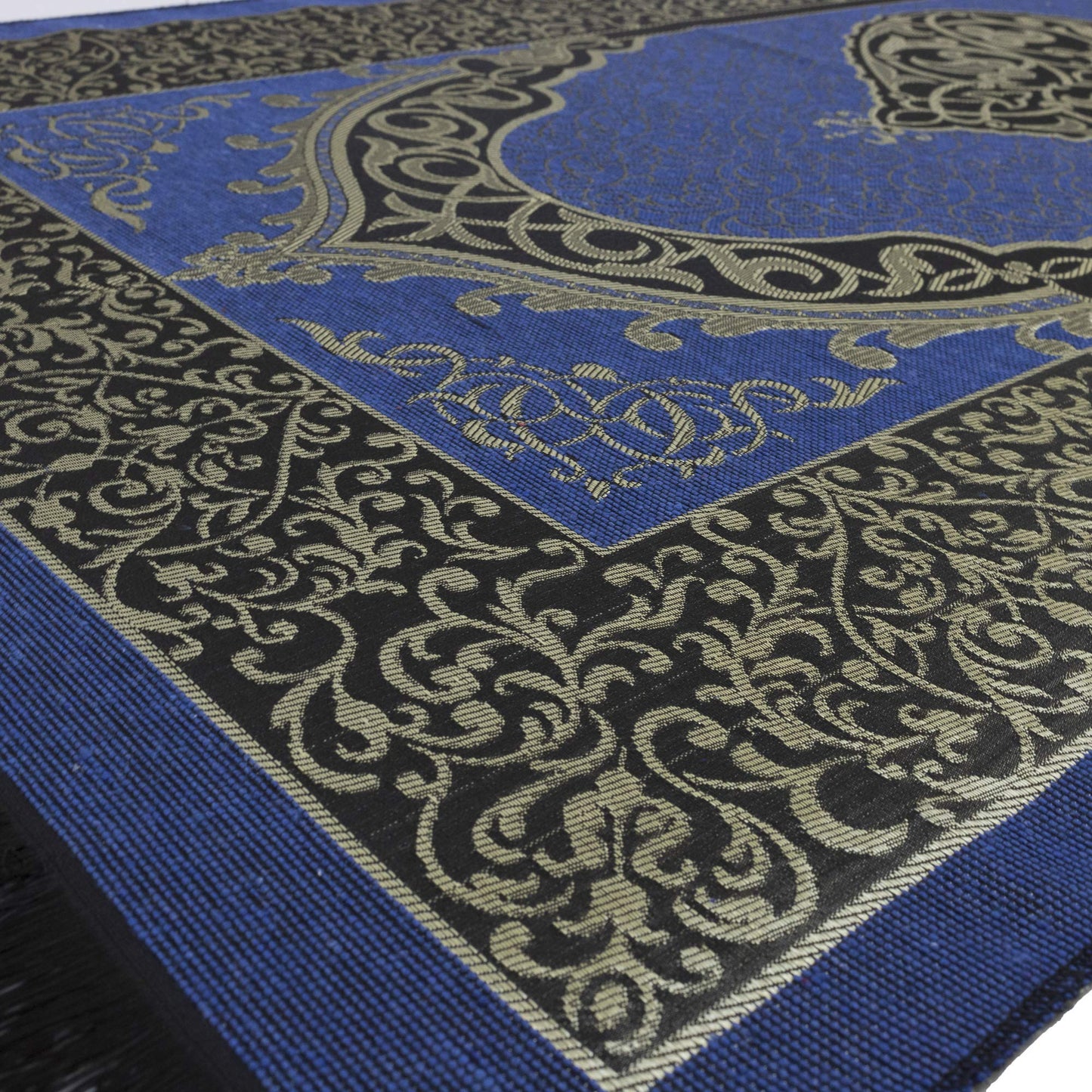 Modefa Islamic Prayer Rug Thin Woven Chenille and Taffeta Turkish Sajadah Intricate Design Metallic Ottoman Mat (Black + Blue)