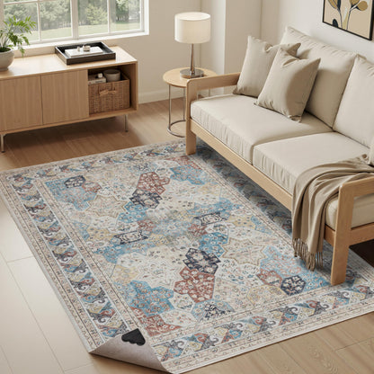 4x6 Moroccan Washable Area Rugs, Oriental Accent Rugs with Non-Slip Backing, Distressed Design Low Pile Soft Carpet for Living Room, Bedroom, Dining Room, Home Office, Blue/Multi
