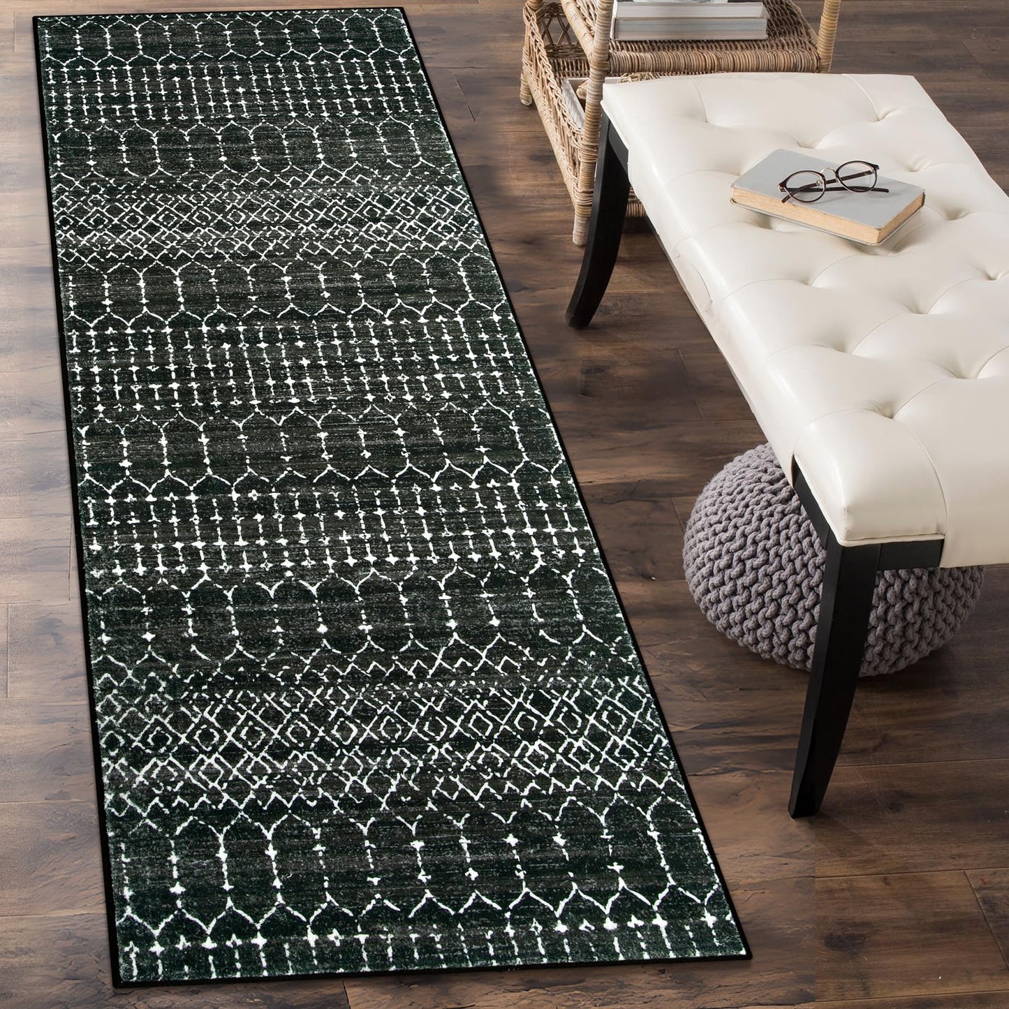 Lahome Moroccan Black Long Runner Washable Hallway Rug, Ultra-Thin Non Slip Kitchen Runner, Soft Modern Print Indoor Floor Carpet for Entryway Stair (Black, 2'5''x12'') Hana
