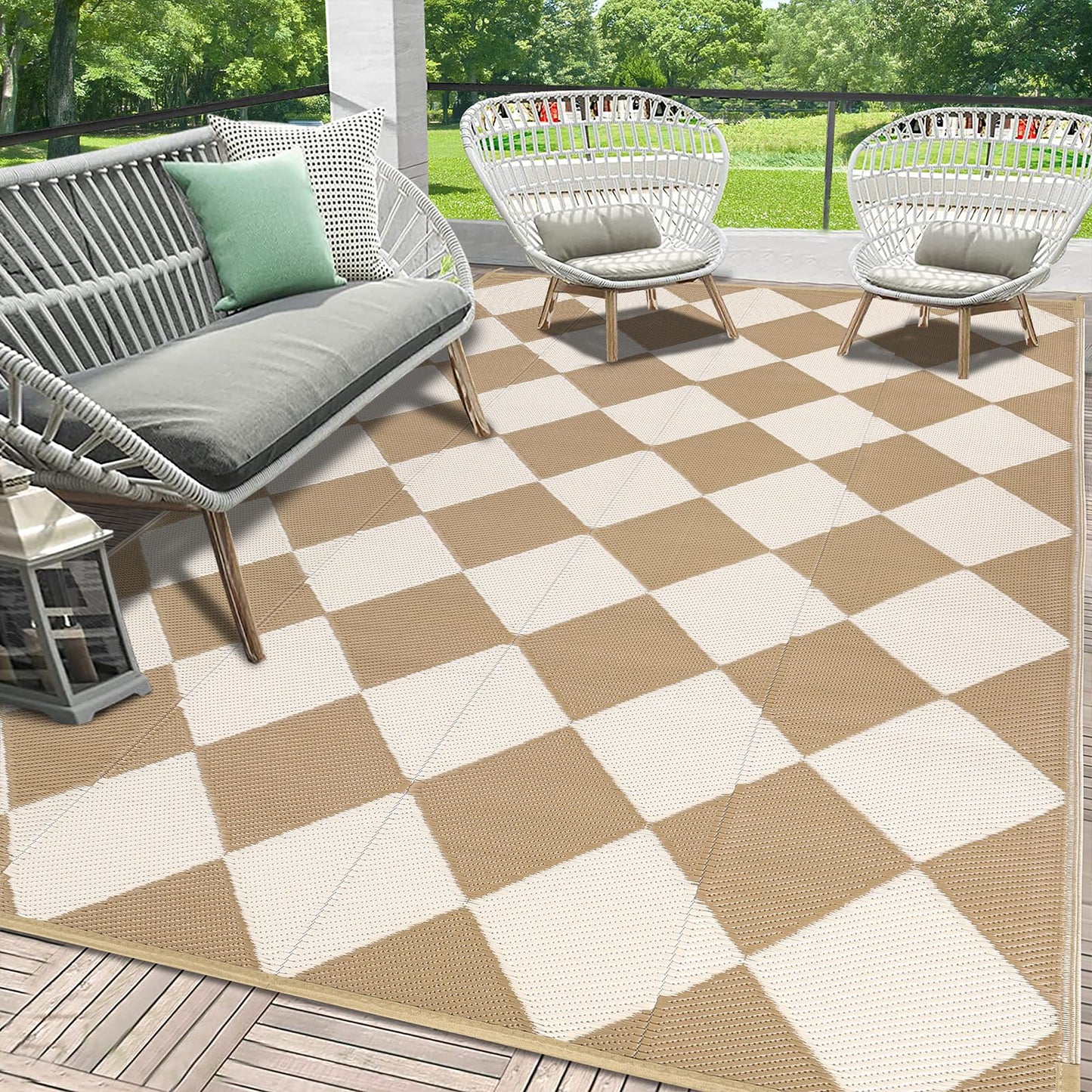 HEBE Checkered Outdoor Rug Waterproof 5x8, Reversible Plastic Straw Rug RV Camping Rug, Indoor Outdoor Patio Mat Clearance, Outside Carpet for Porch,Deck,Camper,Balcony,Backyard,Picnic