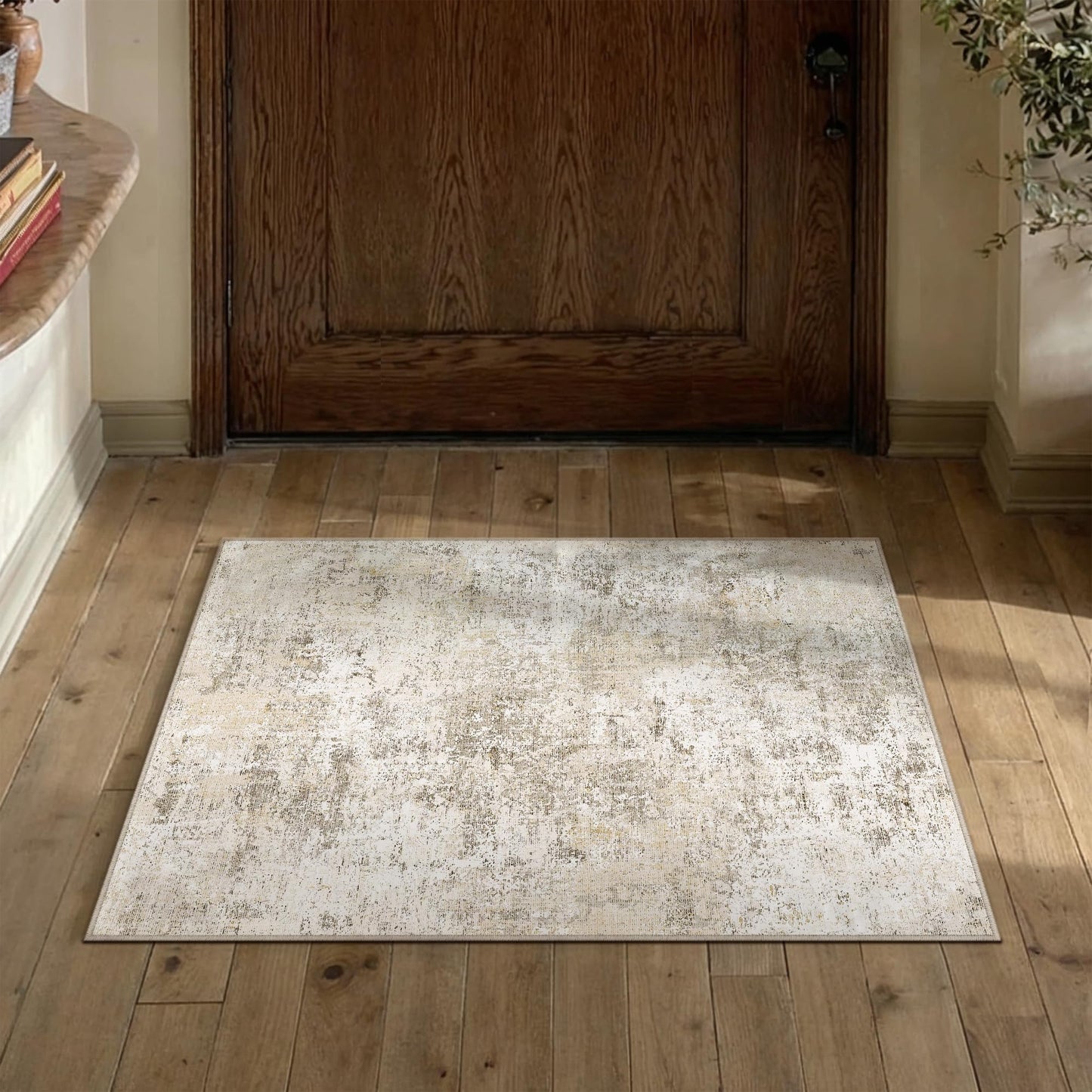 PureCozy 2x3 Washable Area Rug Beige Abstract Non Slip Carpet for Entryway Kitchen Soft Low Pile Neutral Modern Throw Indoor Door Mat Living Room Bedroom Office Bathroom