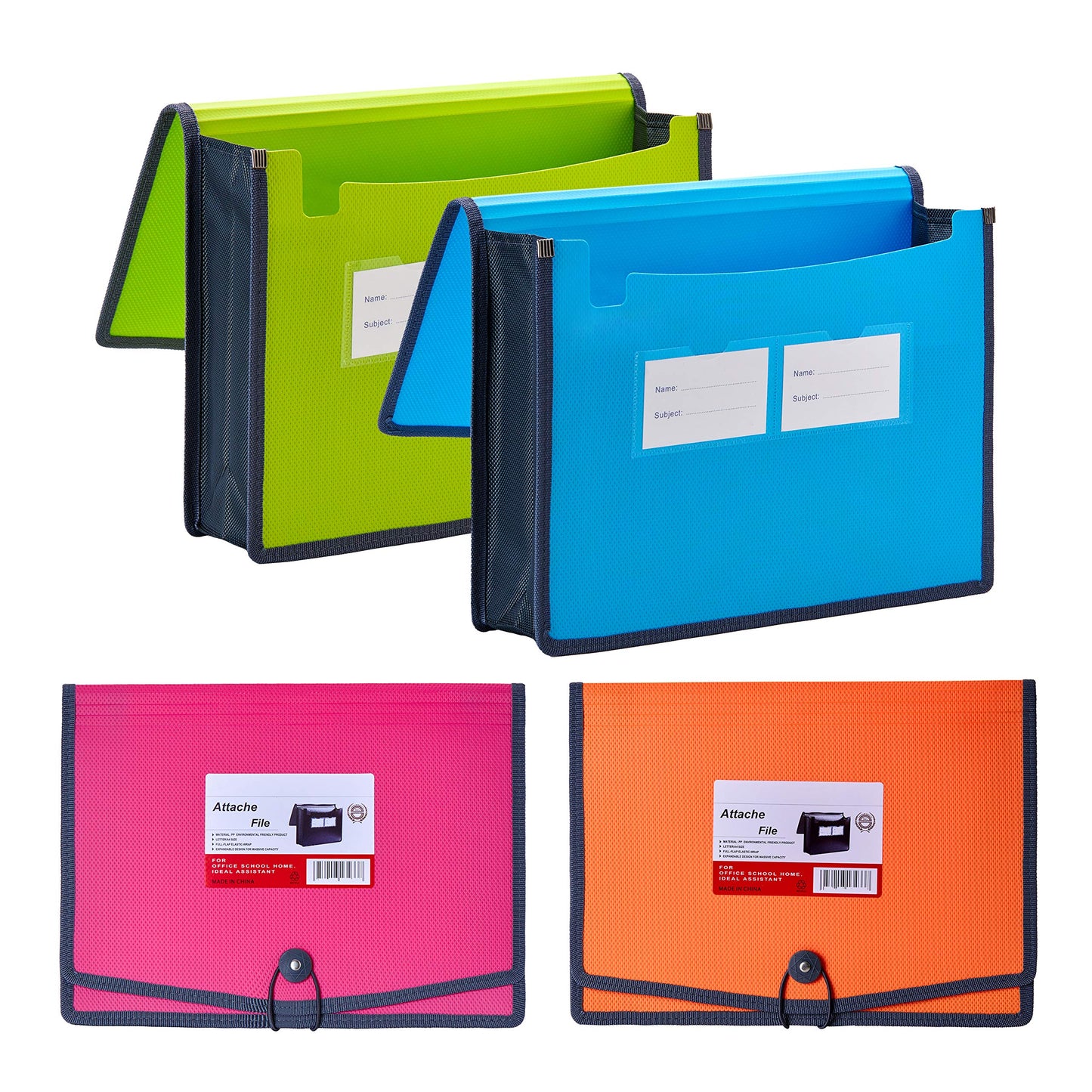 FANWU 4 Pack Plastic Expanding File Wallet Document Organizer with Elastic Cord & Button Closure, Letter Size, 3.5" Expansion, Poly A4 Expandable File Folder for School Office & Home Organization