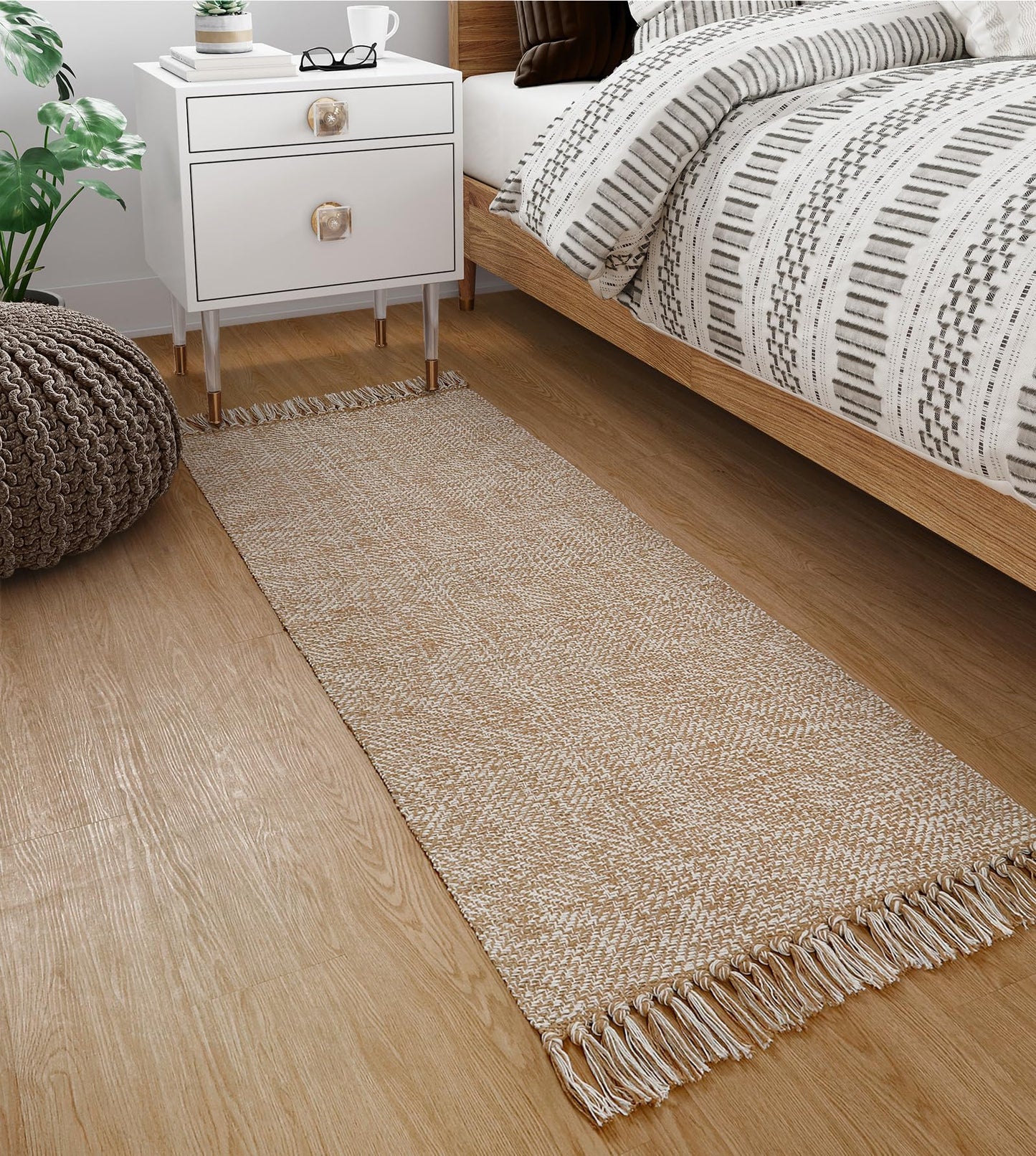 Collive Hallway Runner Rug, 2' x 5' Soft Washable Tan Contemporary Modern Laundry Room Indoor Hand-Woven Cotton Carpet for Bedroom Entryway Front Door Farmhouse Kitchen