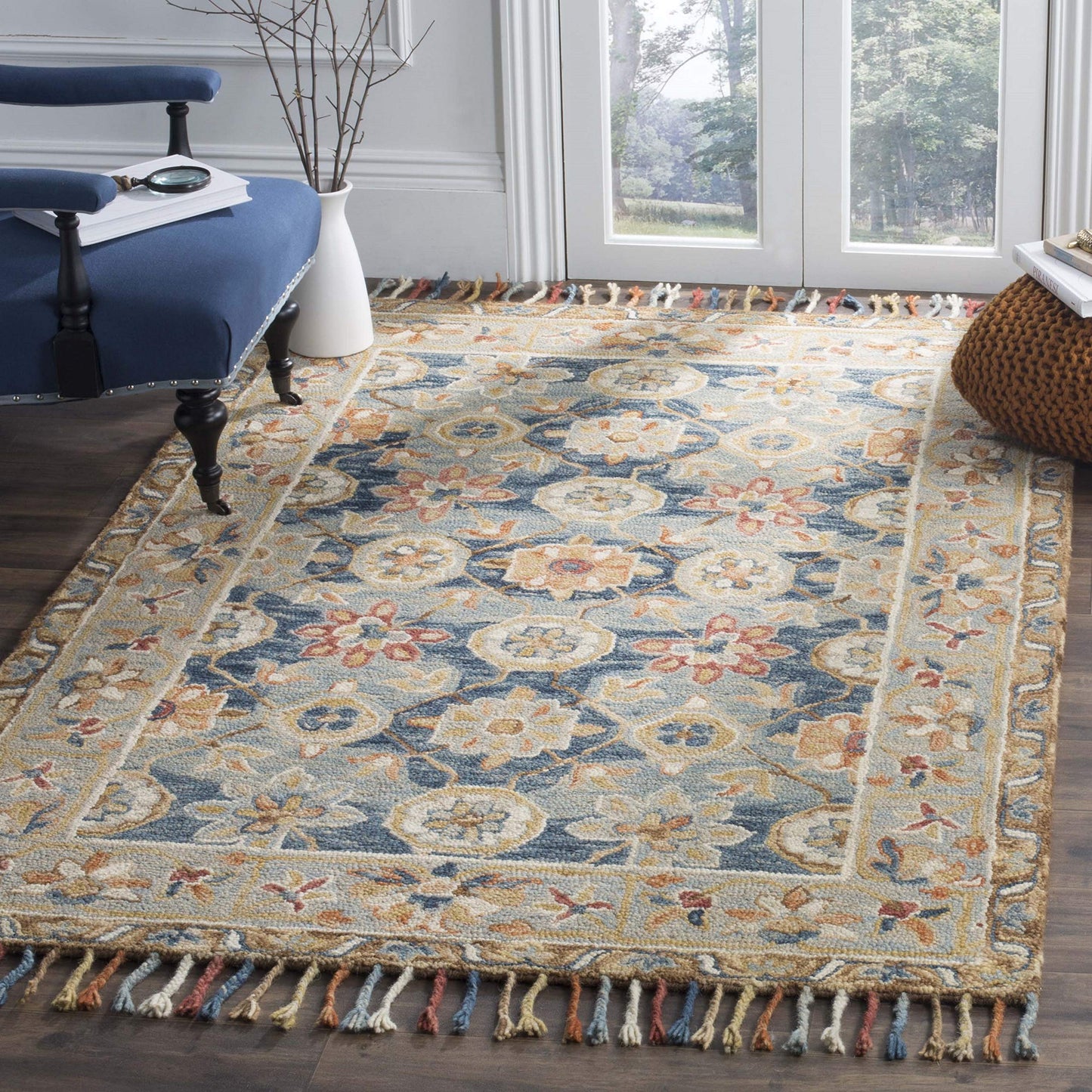 SAFAVIEH Area Rug 8x10 - Aspen Collection - Large - Grey & Navy, Handmade Wool, Boho Braided Tassel Design, Ideal for Living Room, Bedroom, Office, Dining Space (APN110A)
