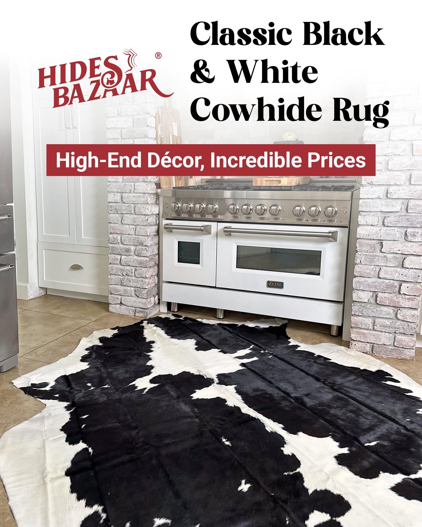 HIDES BAZAAR Black and White Area Rug Premium Cow Rug with Black & White Pattern for Home and Office - Classic Black and White Rug Made with Real Tanned Cowhide - Cow Hide Rugs 6x6-7 ft