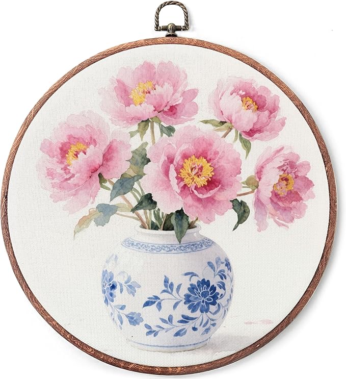 Threegoat Chinoiserie Spring Floral Framed Round Wall Art,Blue and White Hydrangea Flowers Wall Art Decor for Bedroom,Vintage Wall Hanging Decor for Grand Millenial Grandmillennial Home - A02