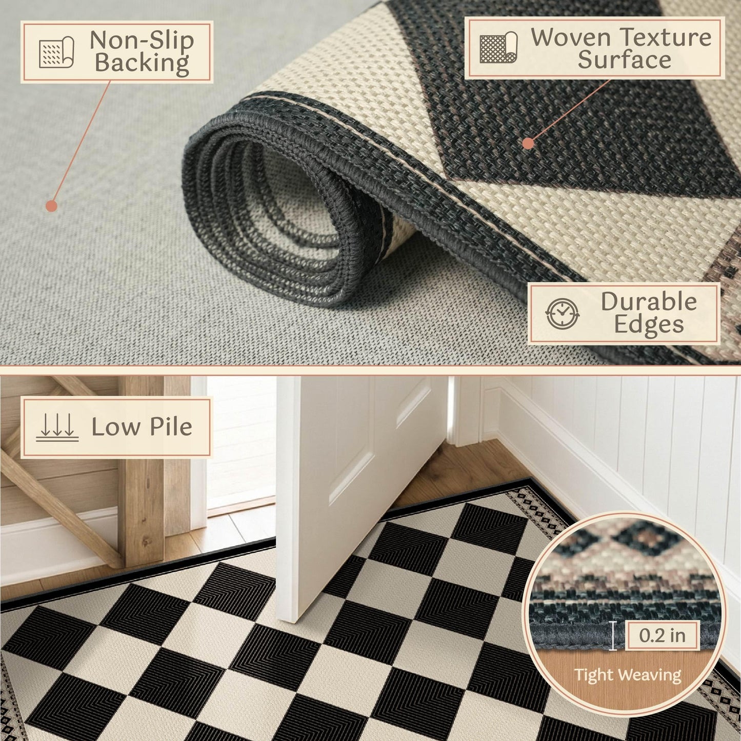 Black and White Diamond Outdoor Easy Jute Front Porch Rug 3x5, Washable Non-Slip Checkered Entryway Rug, Modern Farmhouse Boho Low Pile Indoor Carpet for Living Room, Kitchen, Mudroom, Laundry Room