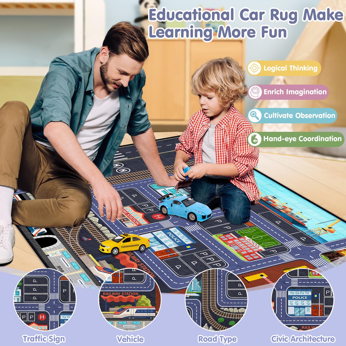 Ekpvgit Car Road Kids Rug Carpet Playmat 5x7 - Car Rugs for Kids Boys, Boys Educational City Traffic Build Play Mat, Washable Non-Slip City Traffic Road Kid Rug for Playroom Bedroom Classroom Nursery