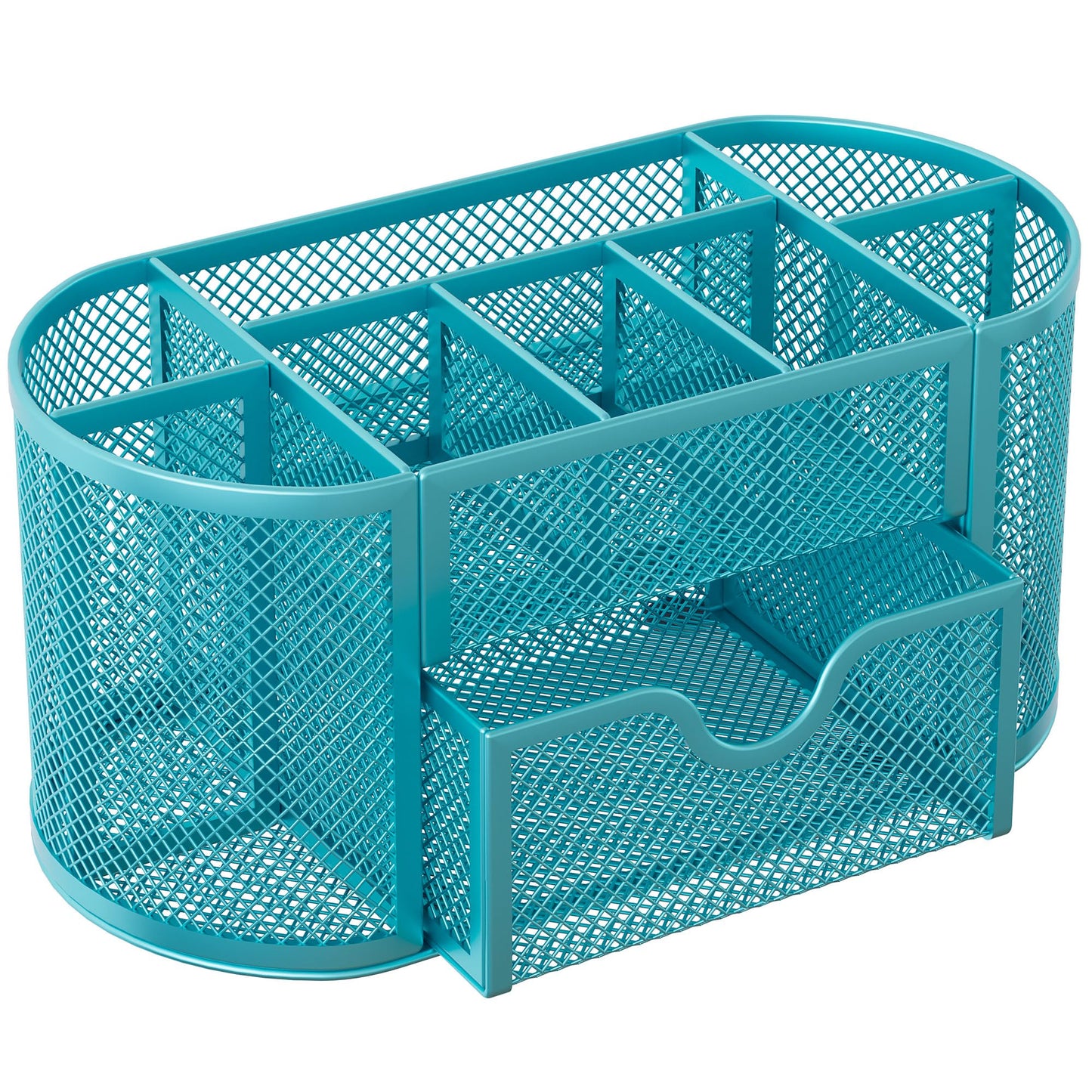 EasyPAG Mesh Pen Holder Desk Organizer with Drawer Stationery Supplies Organizer for Dorm School 9 Compartments Workspace Desk Accessories Organization for Office, Blue