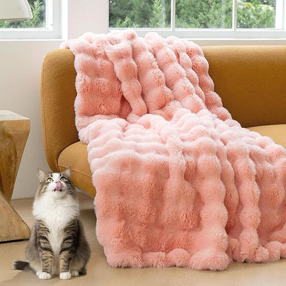 Luxury Faux Fur Throw Blanket 3D Bubble for Couch - Fluffy Blanket Double-Sided Non-Shedding, 50x60 Inches, Fits Bed/Car/Camping/Patio, Gift for Women,Room Decor,Pink
