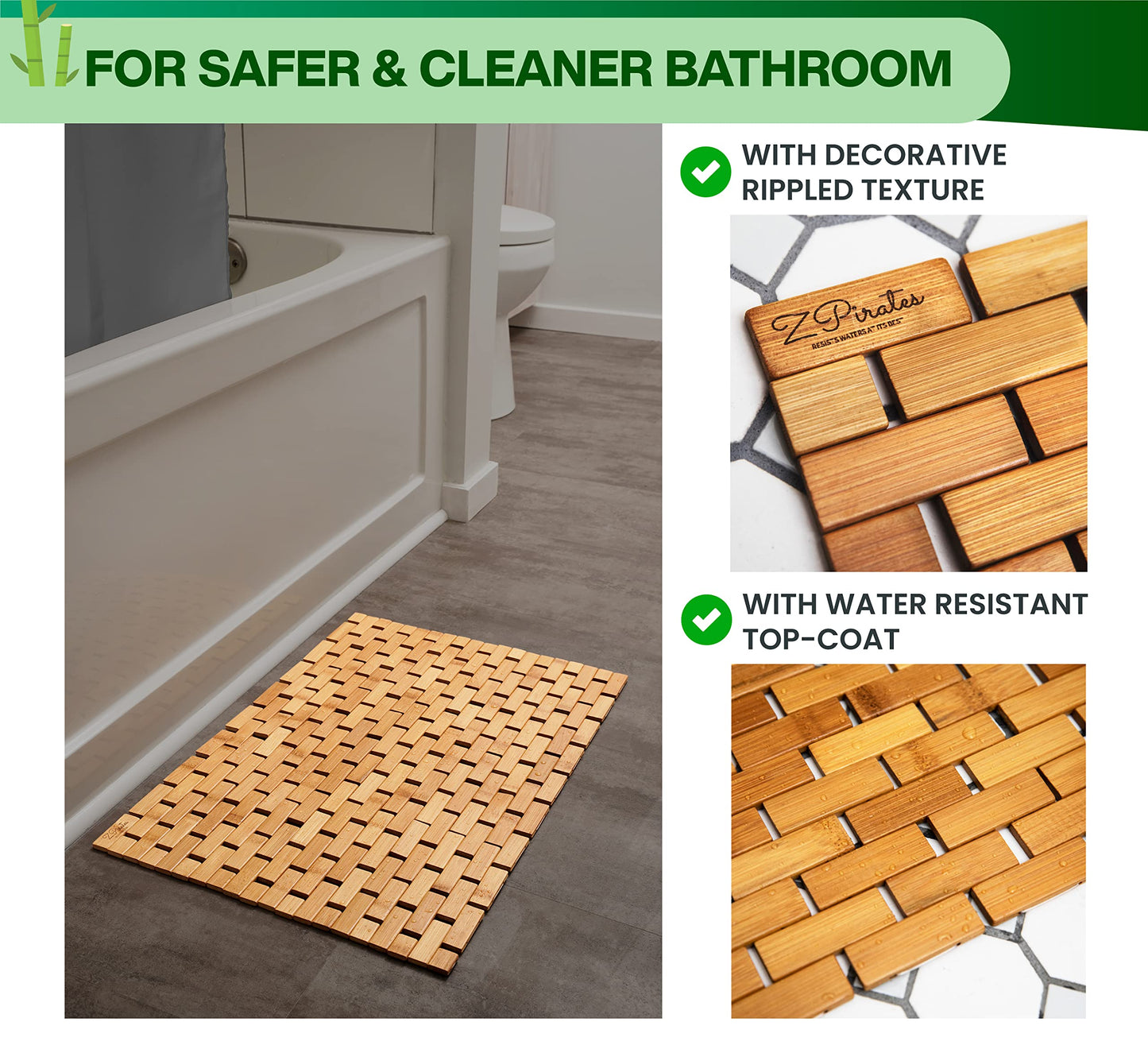 Bamboo Bath Mat - Foldable Wooden Bathmat - Accessories for Bathroom Sauna Spa Tub Step and Floor - 24 x 16 x 0.4 Inches [LxWxH] - Modern Farmhouse Decor Design