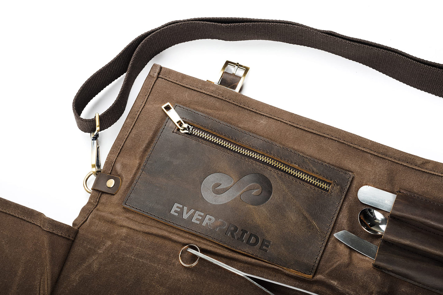 EVERPRIDE Waxed Canvas and Leather Chef Knife Roll Bag – Chef Bag Holds 10 Knives up to 15” PLUS Pocket for Cooking Accessories – Durable Knife Case for Professional Chefs – Knives Not Included