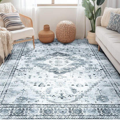 BESTSWEETIE 8x10 Area Rug for Living Room Washable Rugs No Pile Carpet for Entryway Bedroom Dinning Room Playroom Vintage Boho Carpet Print Distressed Non-Slip, 8 x 10 ft, Gray Black