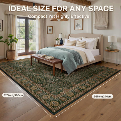Bavni Washable Rugs 8x10-Machine Washable Rug Lightweight Low Pile, Vintage Floral Rug Non-Shedding Distressed Throw Carpet for Living Room Bedroom Office, Dark Green/Multi