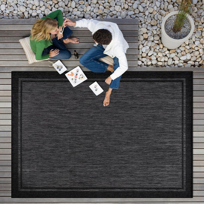 CAMILSON Indoor Outdoor Rug, 8x10 Bordered Dark Gray Black Modern Area Rugs for Indoor and Outdoor Patios, Kitchen and Hallway Mats, Washable Porch Deck Outside Carpet (Bordered Black, 8 x 10)